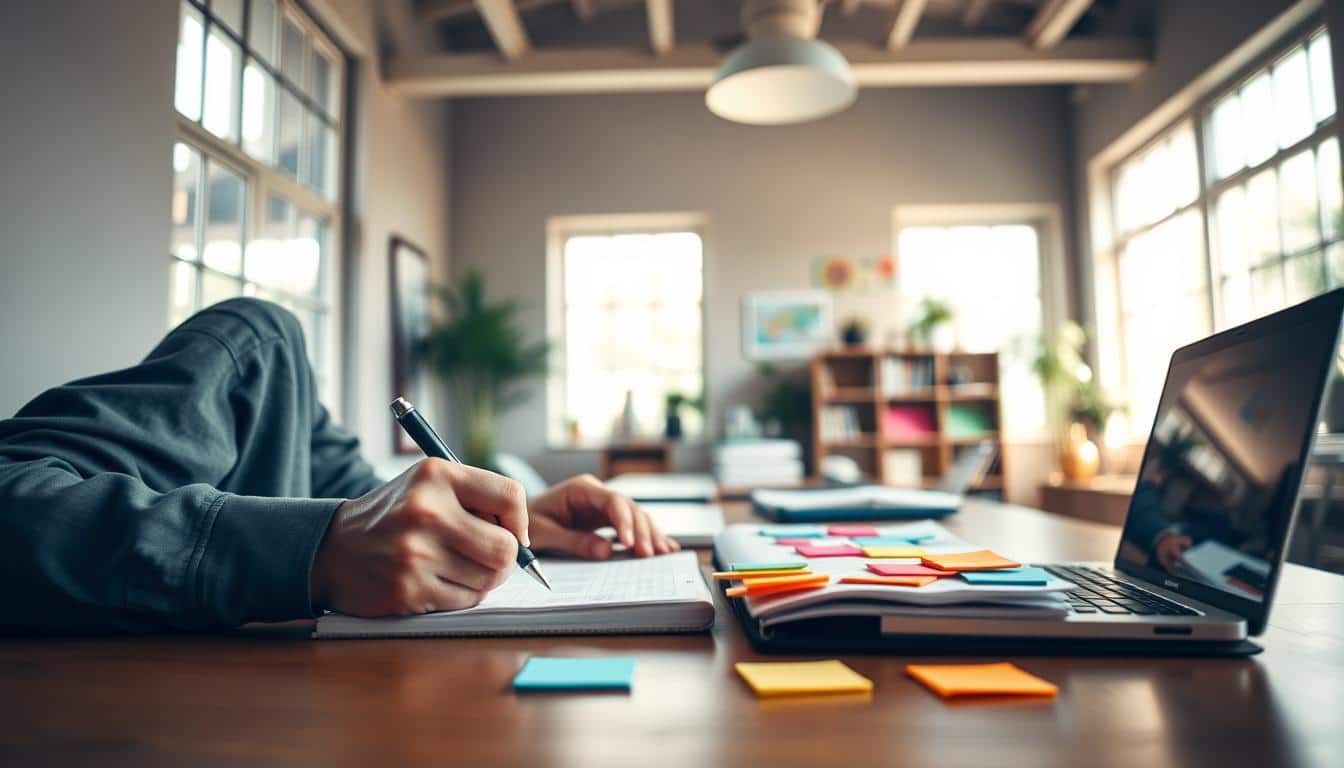 A serene office space, bathed in warm, natural lighting from large windows. On a wooden desk, a laptop, a notebook, and a strategically placed array of colorful sticky notes, reflecting the process of planning and ideation. The foreground features a pair of hands jotting down notes, with a focused, determined expression on the face. The background showcases a minimalist decor, with subtle hints of greenery and a sense of order and organization, conveying a productive, thoughtful atmosphere.