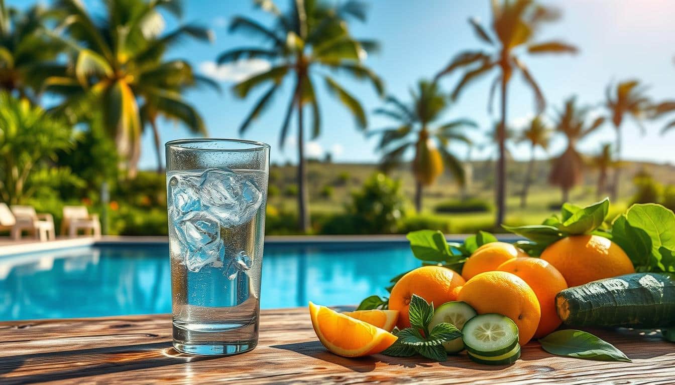 A serene, sun-dappled outdoor scene showcasing the essence of hydration. In the foreground, a clear glass of ice water rests on a rustic wooden table, condensation glistening on its surface. Surrounding it, an assortment of fresh, vibrant fruits and vegetables - juicy oranges, crisp cucumber slices, and lush leafy greens - all symbols of nourishment and rejuvenation. In the middle ground, a swimming pool reflects the azure sky, its calm waters inviting the viewer to dive in and refresh. The background features a lush, verdant landscape with towering palm trees swaying gently in a warm breeze, evoking a sense of serenity and tranquility. The lighting is soft and natural, casting a warm, golden glow over the entire scene.