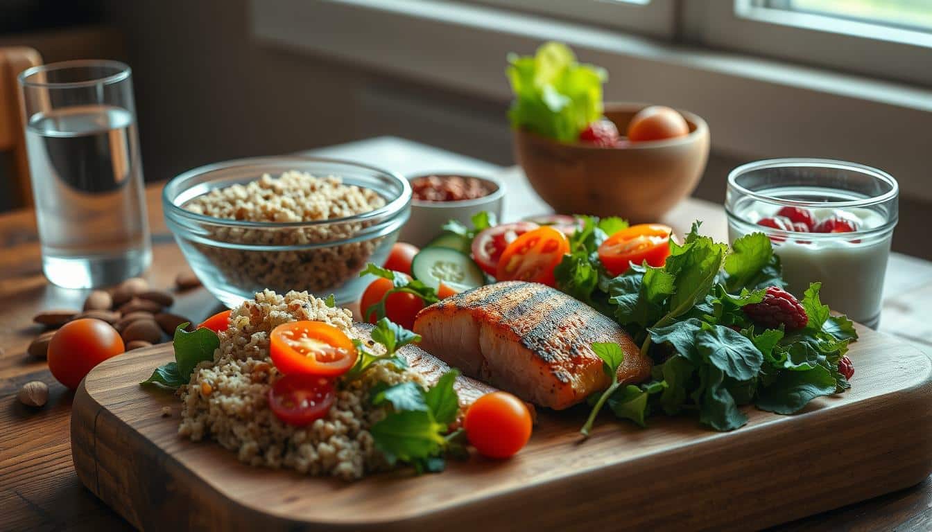 A sumptuous spread of wholesome, nutrient-dense foods arranged on a rustic wooden table, bathed in soft, warm lighting. In the foreground, a hearty portion of grilled salmon, tender and flaky, complemented by a vibrant, colorful salad of leafy greens, vibrant cherry tomatoes, and crisp cucumbers. Beside it, a bowl of quinoa, fluffy and aromatic, and a glass of refreshing water. In the middle ground, a handful of raw almonds and a small container of Greek yogurt with fresh berries. In the background, a subtle hint of a window, allowing natural light to filter in, creating a cozy and inviting atmosphere. Hyper-realistic with impeccable attention to detail, this image exudes the perfect balance of health, flavor, and wholesome nourishment for the active volleyball player.