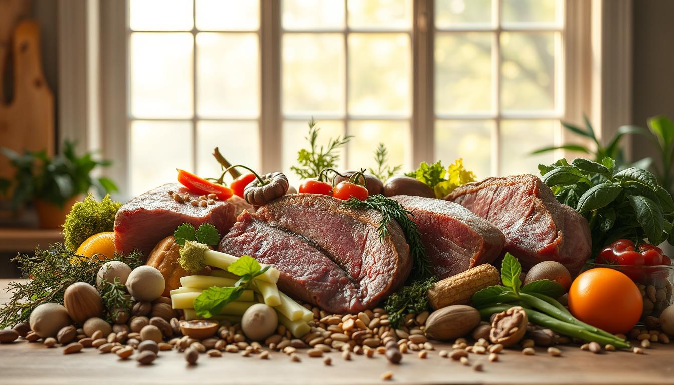 A sumptuous still life arrangement featuring a selection of succulent meats, fresh crisp vegetables, and a scattering of nutrient-rich nuts and seeds. Lit by warm, natural lighting from a large window, casting gentle shadows and highlighting the textures and colors of the ingredients. The composition is balanced and visually appealing, showcasing the wholesome, unprocessed nature of these CrossFit-approved foods. The focus is sharp, drawing the viewer's attention to the vibrant hues and inviting appearance of this healthy, protein-and-produce-packed spread.