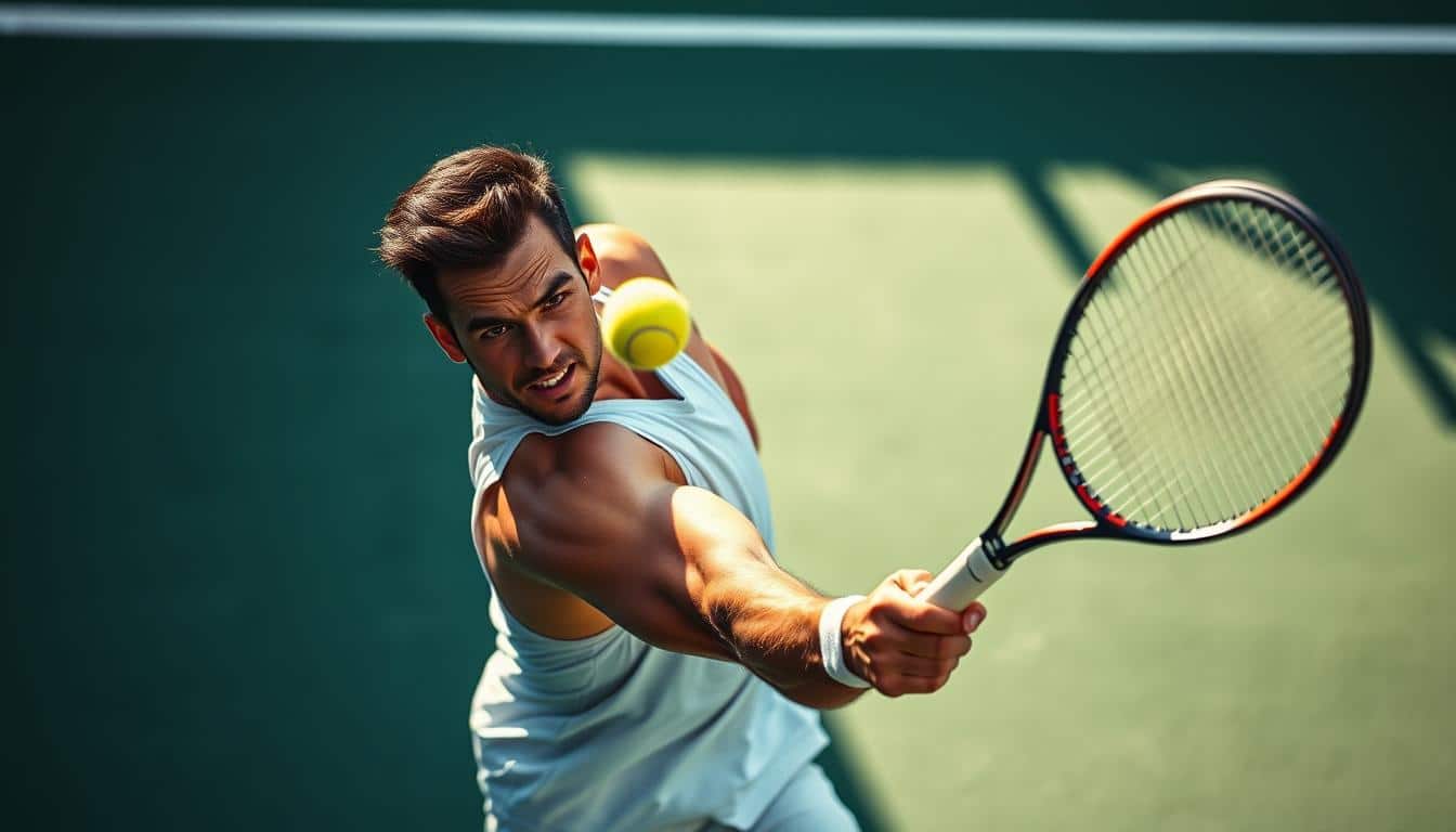 A vibrant, energetic scene of a professional tennis player in action, captured in a hyper-realistic photo. The player is mid-swing, their muscles taut as they return a powerful shot. Sweat glistens on their brow, and their intense expression reflects their unwavering focus. The court surface is a crisp, pristine green, with clean white lines defining the boundaries. Soft, diffused lighting casts long shadows, adding depth and drama to the composition. The background is blurred, placing the player at the forefront, their body a study in athletic grace and power. The overall mood conveys the thrill and intensity of the sport, perfectly illustrating the physical and mental demands faced by tennis players.