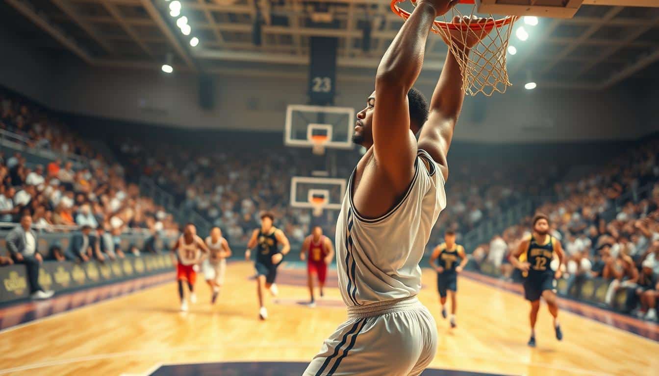 A vibrant, hyper-realistic basketball court lit by warm, natural lighting. In the foreground, a basketball player in mid-jump, their powerful muscles straining as they reach for the hoop. The player's gaze is intense, conveying the energy and determination required for the sport. In the middle ground, players on both teams race across the court, their movements captured in a blur of motion. The background showcases the spectator-filled stands, the crowd's enthusiasm palpable. The overall scene exudes the dynamic, fast-paced energy inherent to the game of basketball, reflecting the substantial physical demands placed on the players.