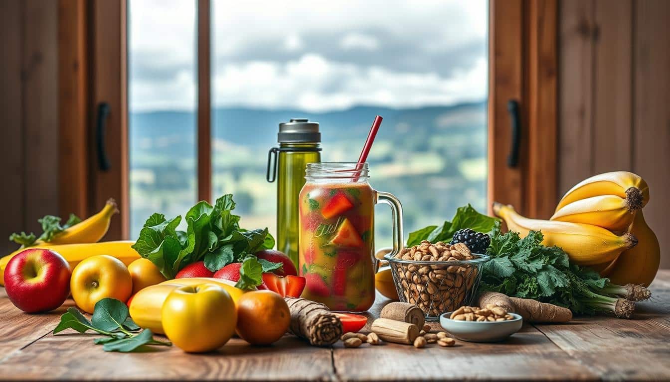 A vibrant still-life composition capturing the essence of off-season nutrition for runners. In the foreground, a wooden table is adorned with a variety of seasonal fruits and vegetables, including crisp apples, ripe bananas, leafy greens, and earthy root vegetables. The middle ground features a glass jar filled with a colorful smoothie blend, complemented by a reusable water bottle and a small bowl of mixed nuts. In the background, a window frames a picturesque landscape of rolling hills and a cloudy, but bright sky, conveying a sense of tranquility and rejuvenation. The lighting is natural, with soft, diffused illumination highlighting the vibrant colors and textures of the scene. The overall composition evokes a sense of nourishment, balance, and the importance of mindful, off-season nutrition for runners' recovery and future performance.