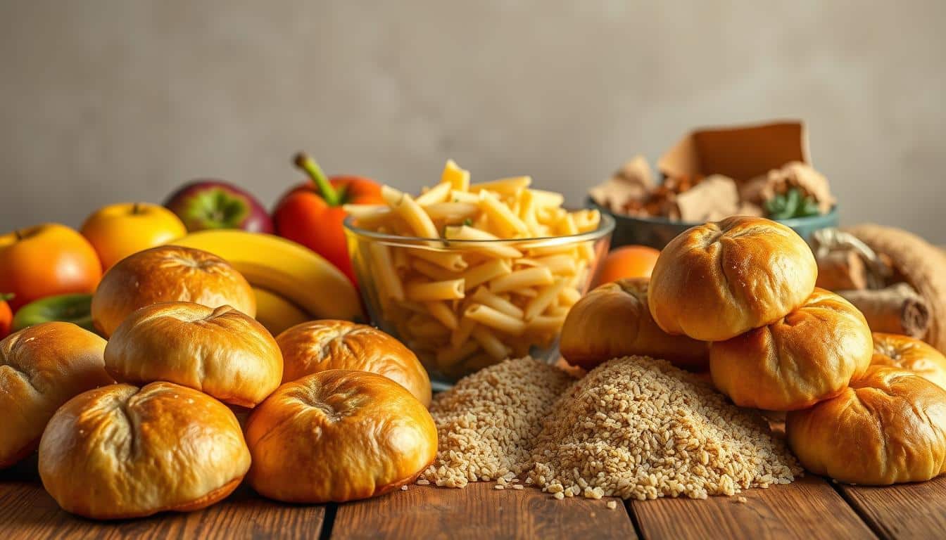 A vibrant still-life composition depicting various types of carbohydrates arranged on a rustic wooden table. In the foreground, a pile of golden brown bread rolls, their crusty surfaces glistening under warm, directional lighting. Alongside them, a selection of colorful fruits such as apples, bananas, and oranges, their skin textures meticulously rendered. In the middle ground, a glass bowl overflows with cooked pasta in a variety of shapes and sizes, complemented by a scattering of whole-grain rice and quinoa. The background features a neutral, slightly blurred backdrop, allowing the subject to take center stage and emphasize the nutritional value and visual appeal of these essential carbohydrate-rich foods.
