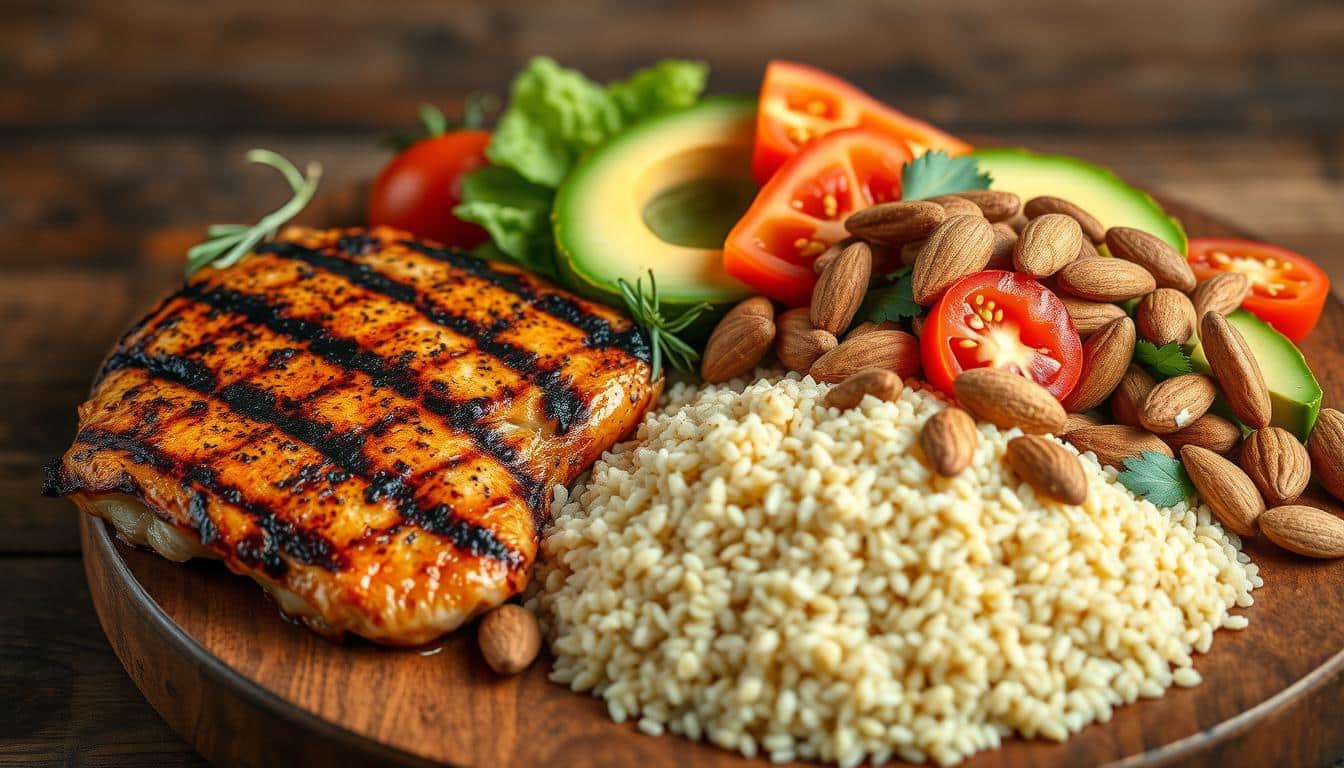 A vibrant still life composition featuring three distinct food groups: a succulent grilled chicken breast, a heaping mound of fluffy quinoa, and a medley of fresh avocado slices, juicy tomato wedges, and crunchy almonds. Captured in warm, natural lighting with a shallow depth of field that draws the eye to the delectable textures and colors. The arrangement is meticulously placed on a rustic wooden surface, exuding a sense of balance and harmony. The overall mood is one of health, vitality, and the perfect macronutrient balance for an athlete's bulking meal plan.