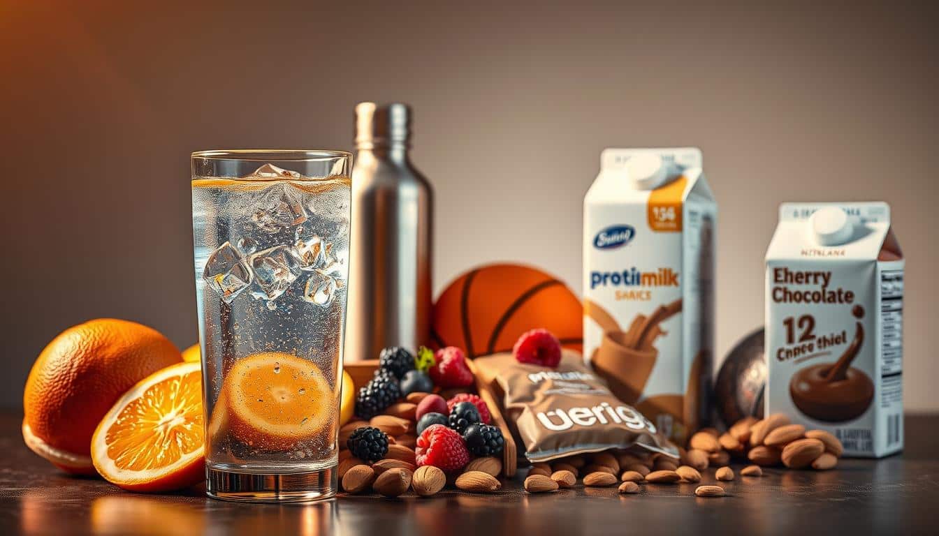 A vibrant still life featuring a collection of healthy snacks and beverages essential for optimal game-day nutrition. In the foreground, a glass of clear electrolyte-infused water reflects the warm, golden lighting overhead. Arranged neatly beside it are sliced fresh fruits like oranges, bananas, and berries, along with a handful of almonds and a protein bar. In the middle ground, a sleek metal water bottle and a carton of nutrient-dense chocolate milk stand ready to replenish energy and hydration. The background showcases a subtle gradient, allowing the subject to take center stage and convey the importance of fueling one's body with the right foods before a high-intensity basketball game.