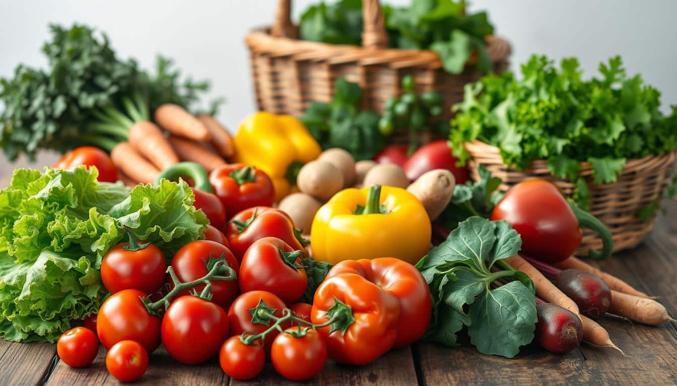 A vibrant still life of fresh, organic produce artfully arranged on a rustic wooden table. In the foreground, a bountiful display of plump, ripe tomatoes, crisp green lettuce, and juicy bell peppers in vibrant hues. The middle ground showcases an assortment of hearty root vegetables - earthy carrots, golden potatoes, and vibrant beets. In the background, a wicker basket overflows with lush, leafy greens and a scattering of fragrant herbs. Soft, natural lighting bathes the scene, highlighting the produce's natural beauty and texture. The overall composition evokes a sense of abundance, health, and the joyful simplicity of fresh, wholesome ingredients.