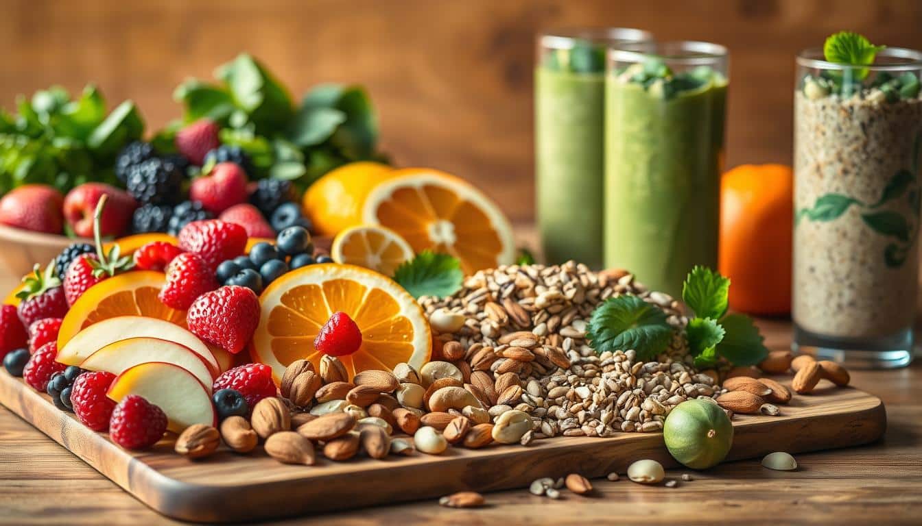 A vibrant still life showcasing a variety of wholesome, athlete-friendly snacks. In the foreground, an assortment of fresh fruits, including juicy berries, crisp apple slices, and lush orange wedges, arranged artfully on a wooden board. In the middle ground, a selection of energy-dense nuts and seeds, such as almonds, cashews, and chia, spilled across the frame. In the background, tall glasses filled with refreshing smoothies made with leafy greens and creamy nut butters. Warm, natural lighting casts a soft glow over the scene, highlighting the vibrant colors and textures of the nutritious offerings. The overall composition conveys a sense of balance, nourishment, and the importance of fueling an active lifestyle with affordable, wholesome snacks.