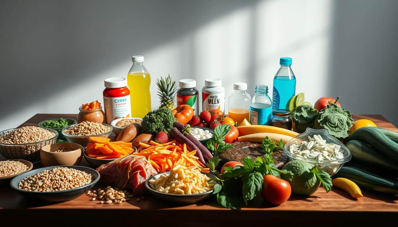 A well-balanced table showcasing an array of nutrient-rich foods essential for athletes' weight loss needs. In the foreground, a variety of whole grains, lean proteins, and vibrant fruits and vegetables are elegantly arranged, casting soft shadows. The middle ground features sports drinks, supplements, and hydration bottles, reflecting the active lifestyle. The background has a minimalist, clean backdrop, allowing the natural colors and textures of the meal to take center stage. Soft, even lighting illuminates the scene, highlighting the appetizing presentation and the health-conscious theme. The overall mood is one of wellness, balance, and culinary delight, inspiring athletes to fuel their bodies for optimal performance and weight management.