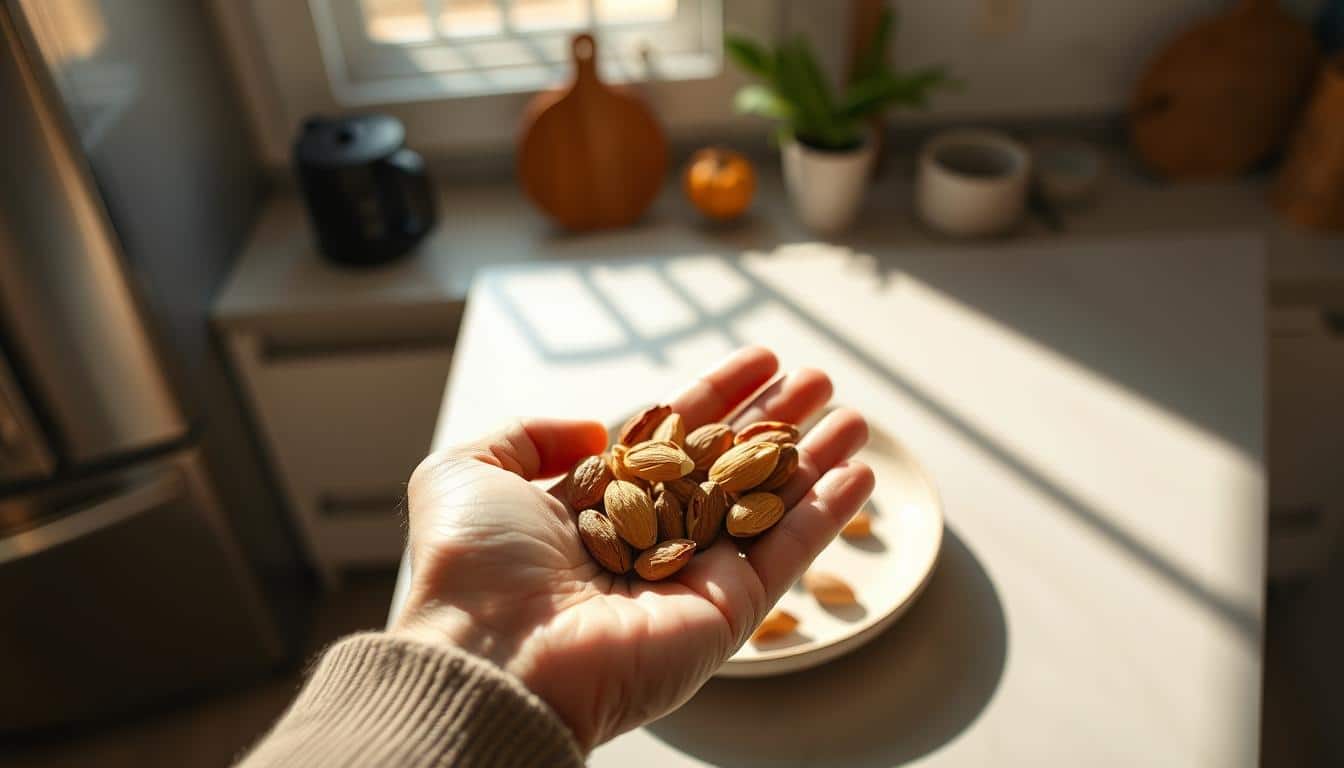 A well-lit close-up photograph of a person's hand holding a healthy snack, like a handful of almonds or dried fruit, against a blurred background of a clean, modern kitchen countertop. The snack is placed on a minimalist, monochrome ceramic plate or bowl, casting soft shadows. The lighting is warm and diffused, creating a cozy, inviting atmosphere. The composition is balanced, with the snack as the central focus, showcasing its freshness and vibrant colors. The image conveys a sense of mindfulness, nourishment, and the importance of fueling the body at the right time.