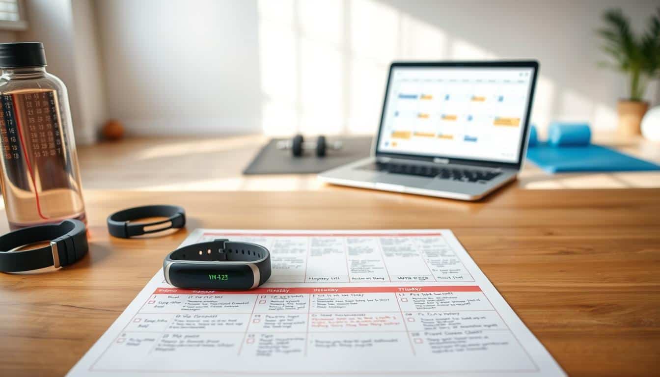 A well-organized weekly schedule laid out on a wooden table, with a fitness tracker, water bottle, and fitness equipment visible in the foreground. The schedule features detailed plans, color-coded for different activities, with notes and reminders. In the middle ground, a sleek laptop displays a calendar, and in the background, a clean, minimalist home gym setup with exercise mats and weights. The lighting is natural and diffused, creating a warm, inviting atmosphere. The overall scene conveys a sense of structure, organization, and a balanced approach to fitness and wellness.