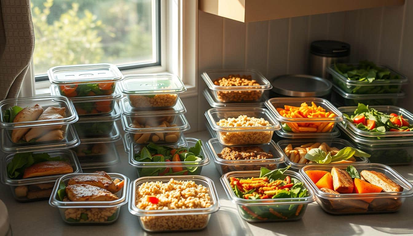 A well-stocked kitchen counter overflows with a variety of meal prep containers, each brimming with freshly cooked, nutritious foods. Steaming grilled chicken, seasoned brown rice, crisp roasted vegetables, and vibrant leafy greens fill the compartments, ready to fuel an athlete's active lifestyle. Soft natural light filters in through a nearby window, casting a warm glow on the organized spread. The countertop itself is clean and uncluttered, providing ample space to portion out each balanced meal. This image conveys the efficiency, convenience, and dedication of an athlete's weekly meal prep routine, enabling them to save time, money, and energy for their training and performance.