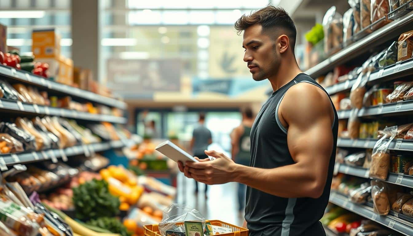 An athlete standing in a well-lit supermarket aisle, examining a selection of fresh produce and whole grain items. The scene is captured with a wide-angle lens, showcasing the expansive space and variety of healthy choices available. Soft, natural lighting filters through large windows, casting a warm, inviting glow. The athlete's expression is one of focused contemplation, as they meticulously plan their grocery list to support their training and nutritional needs. The background is populated with other shoppers, creating a sense of bustling activity, yet the athlete remains centered and calm, embodying a strategic, budget-conscious approach to smart grocery shopping.