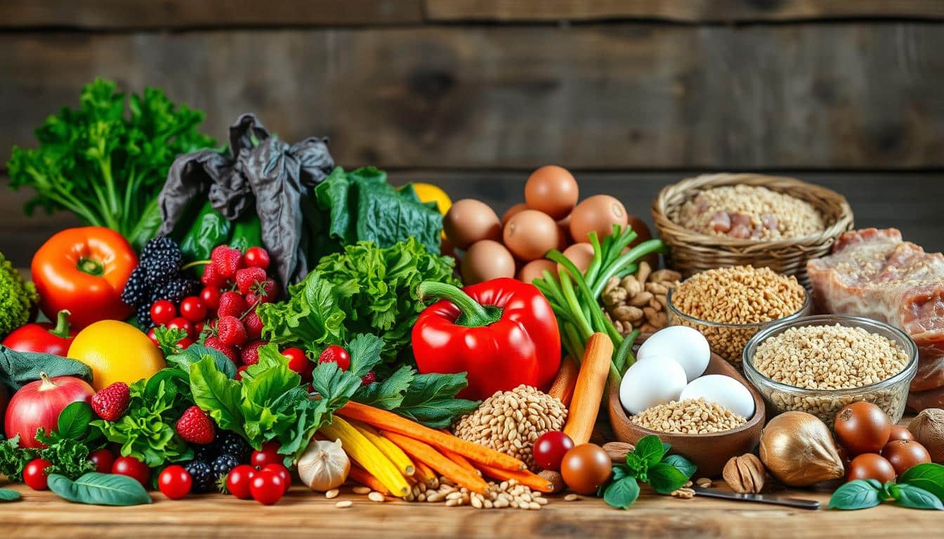 Crisp and vivid still life composition depicting a diverse array of healthy, nutrient-dense foods. In the foreground, an array of fresh fruits and vegetables, including leafy greens, berries, and colorful bell peppers, artfully arranged on a wooden table. In the middle ground, various protein sources such as eggs, nuts, and lean meats, complemented by whole grains like quinoa and brown rice. The background features a natural, rustic environment with a subtle, warm lighting that accentuates the vibrant colors and textures of the ingredients. The scene conveys a sense of balance, wholeness, and the vital role of proper nutrition in fueling athletic performance.