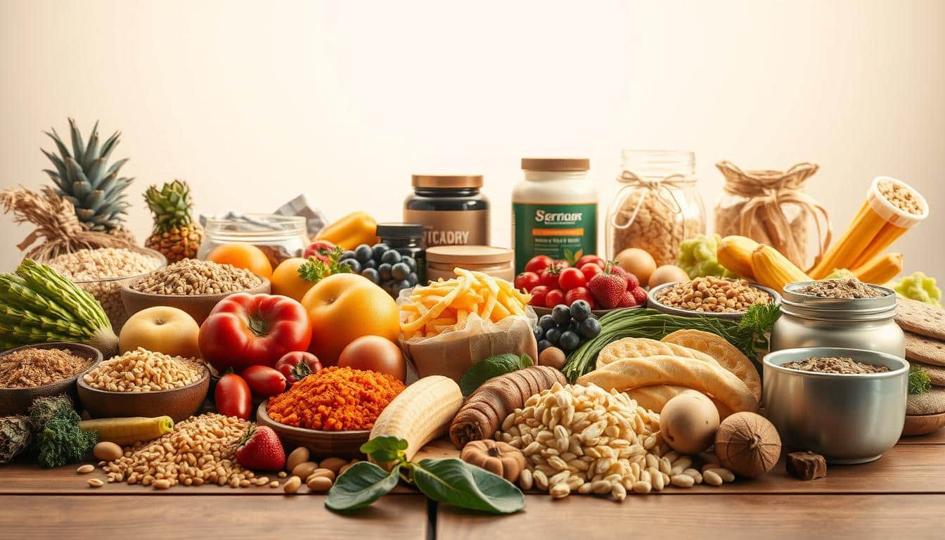 Detailed blueprint of carbohydrate-rich foods arranged on a wooden table, illuminated by warm, directional lighting that casts gentle shadows. An array of whole grains, fruits, vegetables, and legumes occupy the foreground, showcasing their vibrant colors and natural textures. In the middle ground, sports nutrition supplements like protein bars and powders complement the wholesome ingredients. The background features a clean, minimalist backdrop, allowing the nutritious targets to take center stage in a high-resolution, hyper-realistic photographic style.