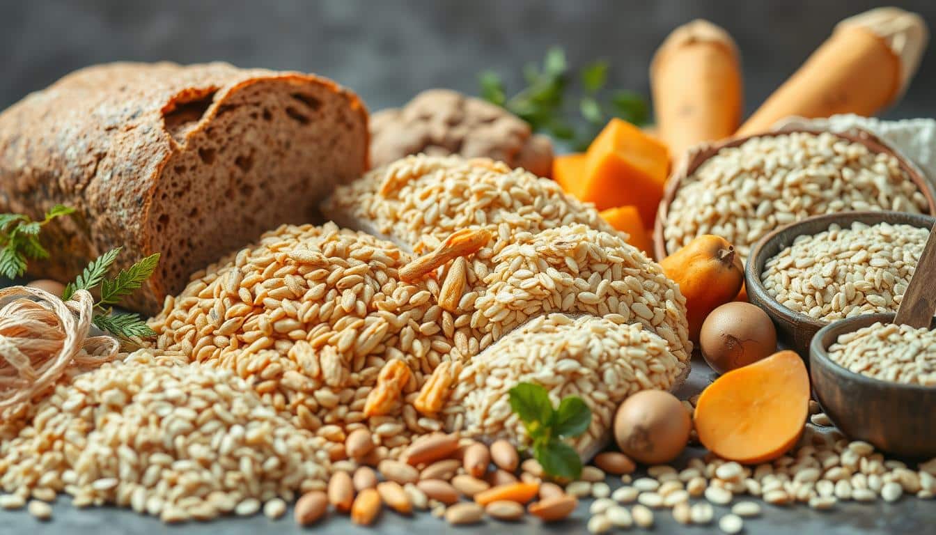 Detailed still life of various carbohydrate-rich foods in a natural, well-lit setting. Crisp, high-resolution image showcasing the vibrant colors, textures, and intricate details of a diverse assortment of whole grains, starchy vegetables, and complex carbohydrate sources. Prominent items include whole wheat bread, brown rice, sweet potatoes, quinoa, and oats, arranged in a visually appealing composition that emphasizes their role as essential macronutrients for athletic performance. Soft, directional lighting illuminates the scene, creating depth and shadow to enhance the realistic, high-quality appearance. The overall atmosphere conveys a sense of health, vitality, and the importance of properly fueling the body for optimal sprint and speed training.