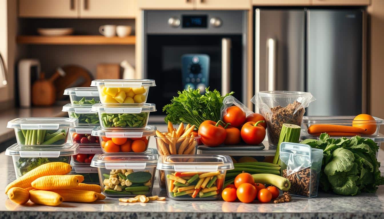 a hyper-realistic photo of a well-organized kitchen counter with a variety of meal prep containers, fresh vegetables, fruits, and healthy snacks, illuminated by warm, natural lighting, with a sleek, modern appliance in the background, conveying the convenience and benefits of meal preparation for an active lifestyle