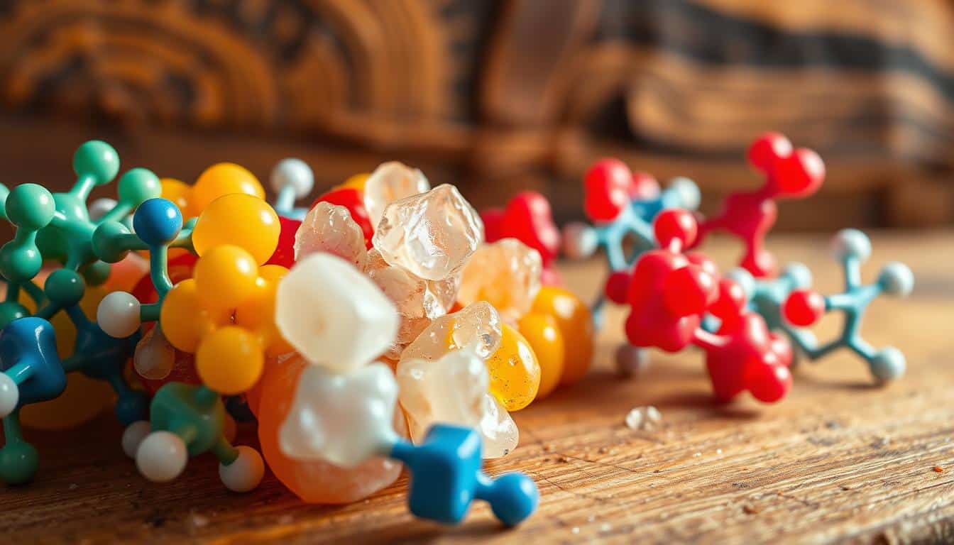 A close-up, hyper-realistic photograph of a collection of essential amino acids, the building blocks of proteins, against a warm, rustic backdrop. Vibrant, saturated colors highlight the varied shapes and structures of the molecules, each one a vital component for maintaining optimal health and bodily function. Soft, directional lighting casts delicate shadows, emphasizing the depth and texture of the scene. The overall composition conveys the importance of protein as a fundamental nutrient, both for nourishing the body and supporting a budget-friendly, balanced diet.