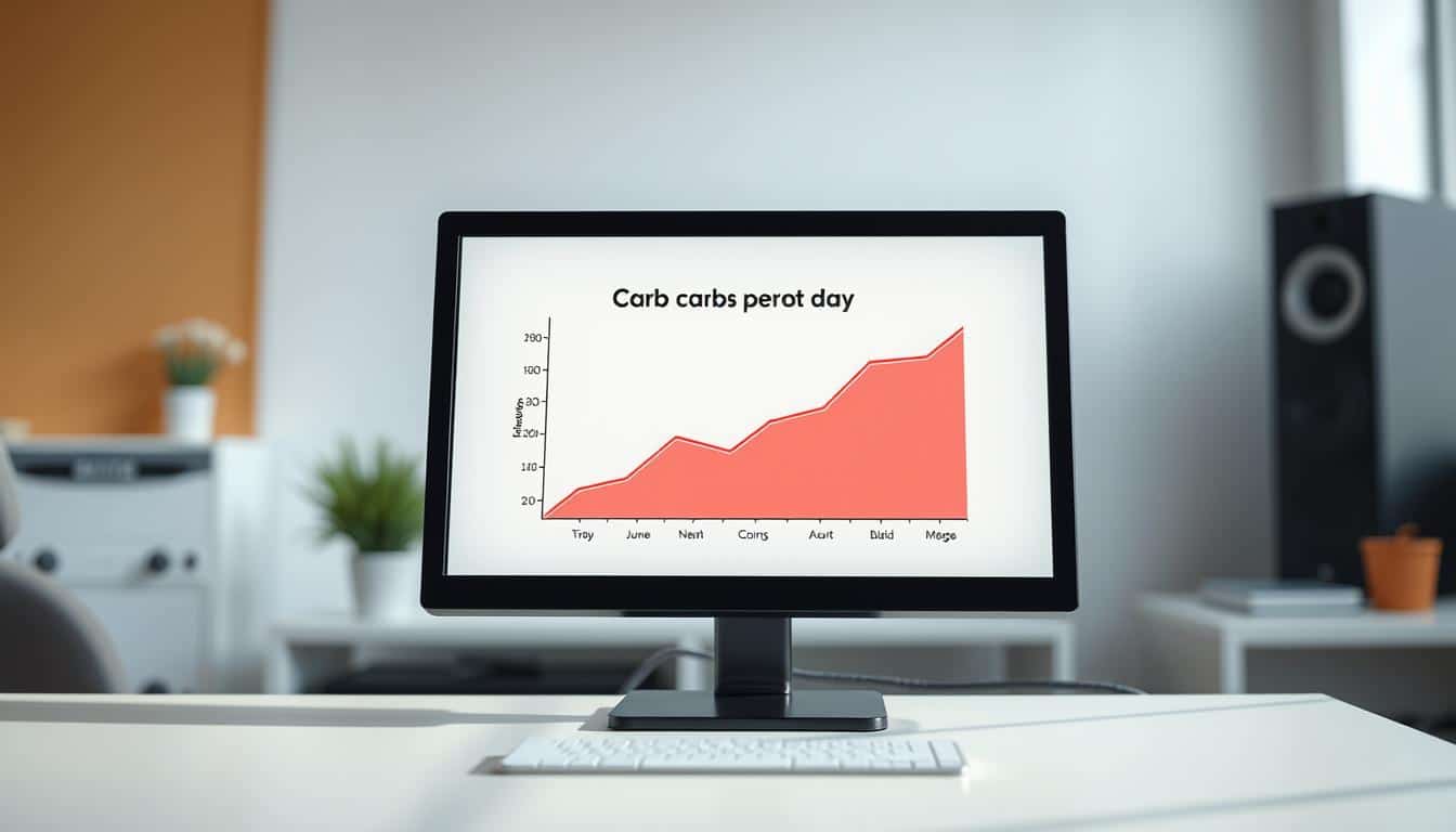 A close-up photograph of a digital screen displaying a simple graph or chart illustrating the concept of "carbs per day". The screen is situated on a clean, minimalist desk, with a blurred background that suggests a modern, well-lit office or studio setting. The graph should be clear, legible, and easy to interpret, with carefully selected colors and typography that convey a sense of data-driven precision. Subtle highlights and reflections add depth and realism to the scene, while natural, directional lighting casts gentle shadows and highlights the textures of the desk surface and screen. The overall mood is one of informative simplicity, reflecting the importance of carbohydrate intake for athletic performance.