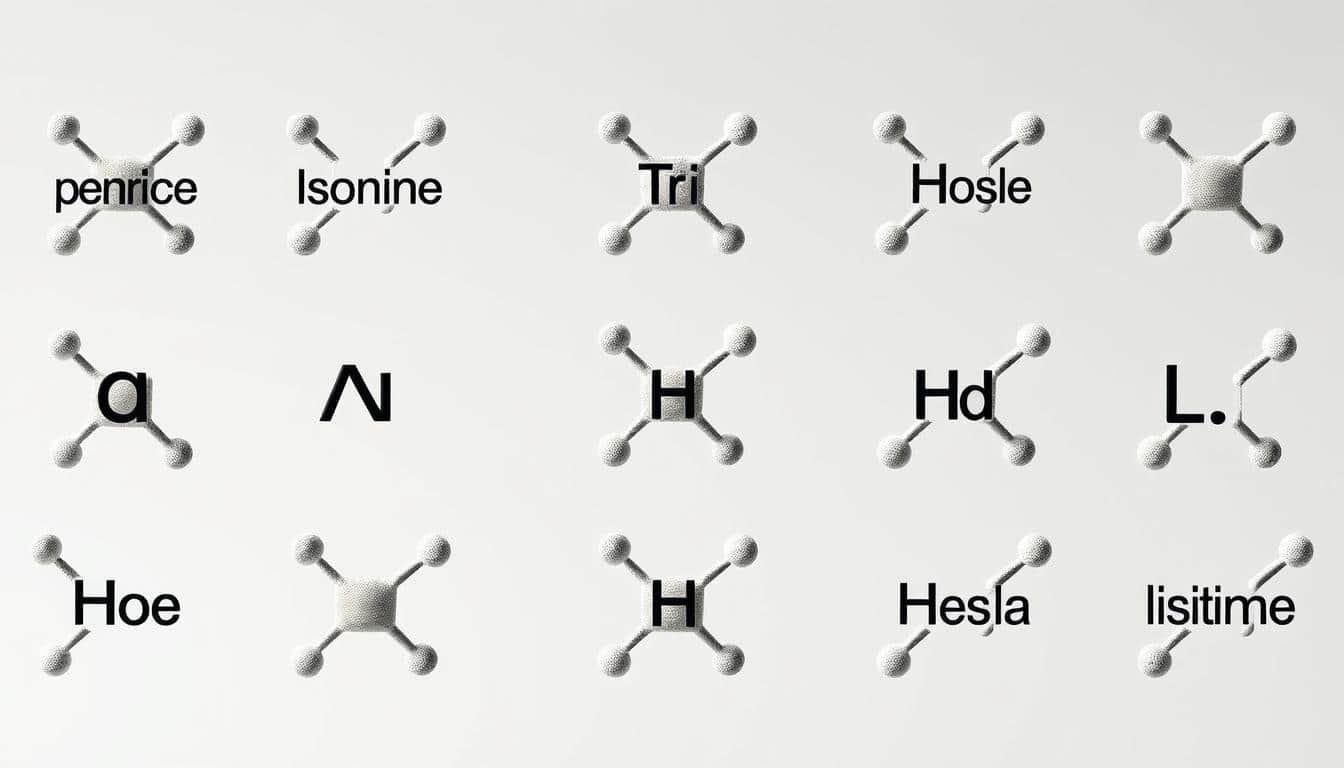 A detailed, high-resolution photograph of the essential amino acids: phenylalanine, valine, threonine, tryptophan, methionine, leucine, isoleucine, lysine, and histidine. The amino acids are arranged in an orderly grid formation, with each molecule meticulously rendered with precise molecular structures, bonds, and surface textures. The image is captured in soft, natural lighting that emphasizes the three-dimensional forms and subtle variations in color. The overall composition conveys a sense of scientific clarity and educational purpose, highlighting the importance of these fundamental building blocks of protein.