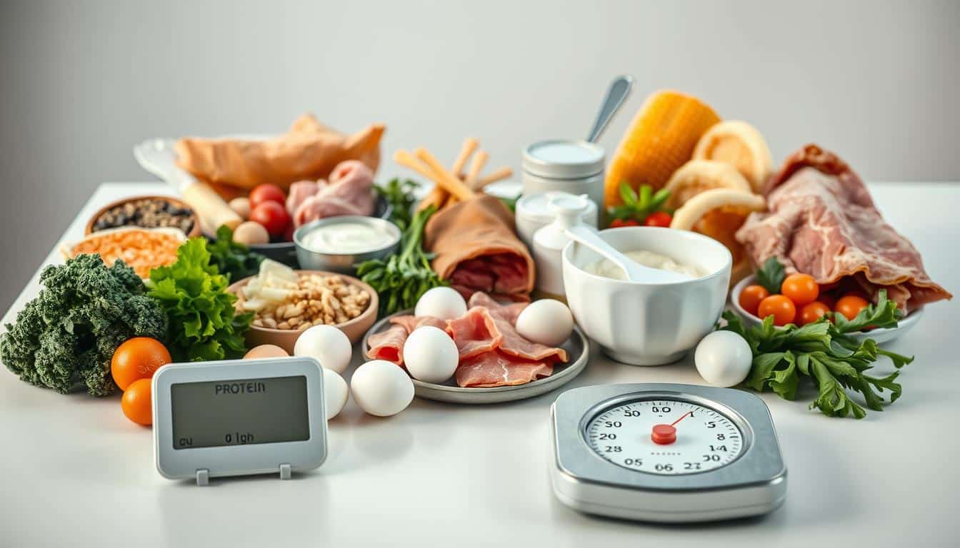 A meticulously detailed, high-resolution photograph showcasing a variety of protein-rich foods arrayed on a clean, minimalist table. The foreground features a precise scale displaying the nutritional information, with the grams of protein clearly visible. In the middle ground, an assortment of lean meats, eggs, Greek yogurt, and plant-based protein sources are arranged in an aesthetically pleasing, appetizing manner. The background is softly blurred, emphasizing the focal point of the protein content. The lighting is natural and diffuse, creating a warm, inviting atmosphere. The overall composition conveys a sense of balance, health, and precision, perfectly capturing the daily dietary needs of a wrestler in training.