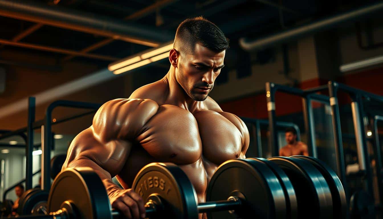 A muscular athlete in a well-equipped gym, intently lifting weights. Beams of warm, directional lighting cast dramatic shadows, accentuating the definition of their physique. The weight rack, exercise machines, and other gym equipment create a dynamic, industrial-chic backdrop. The athlete's face is in focused determination, their body language exuding power and dedication. The scene conveys the ideal "best time to take creatine" moment - a high-intensity workout fueled by this proven sports supplement.