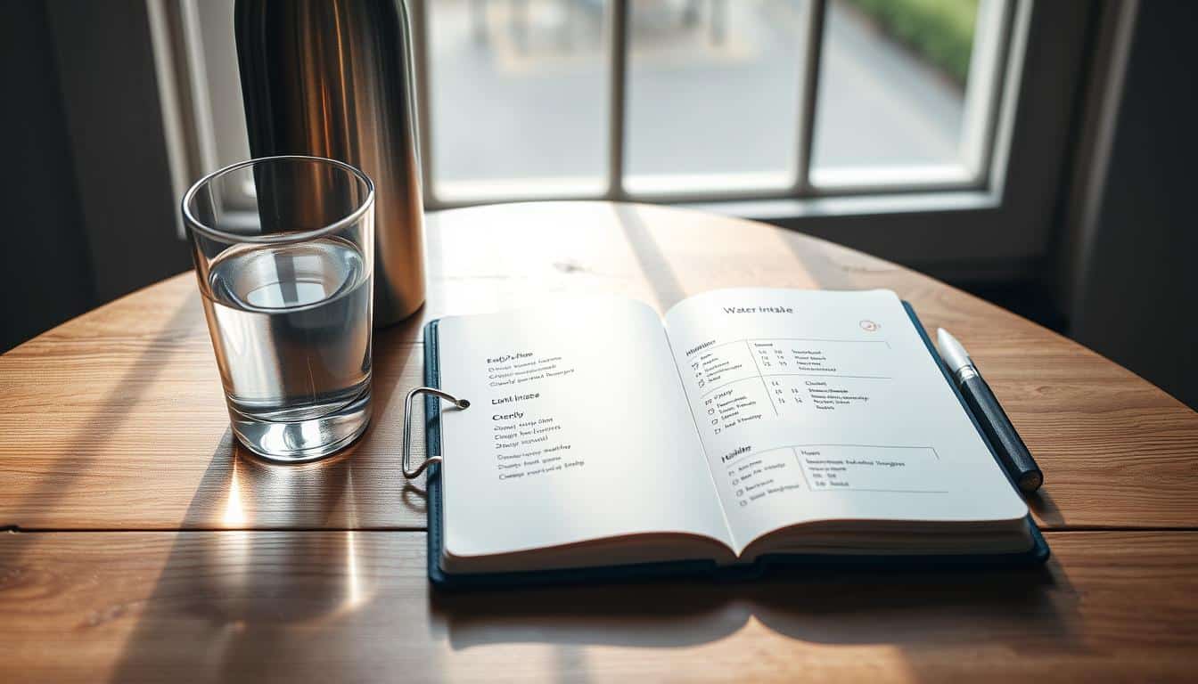 A serene, well-lit photograph of a wooden table with a glass of water, a stainless steel water bottle, and a notebook open to a page showing a detailed daily water intake schedule. The scene is illuminated by soft, diffused natural light from a window, casting gentle shadows and highlighting the textures of the materials. The composition is balanced, with the water-related items positioned in the foreground, and the notebook serving as the focal point. The overall mood is calm, organized, and focused on the importance of maintaining a consistent hydration routine.