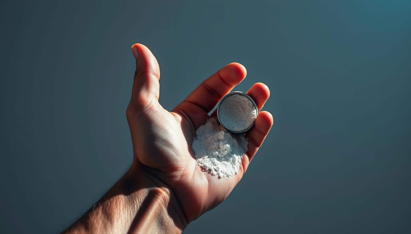 A vibrant, high-resolution photograph of a muscular athlete's hand holding a scoop of creatine powder against a minimalist, clean background. The hand is captured in a dramatic, dynamic pose, showcasing the texture and definition of the skin. Bright, directional lighting creates dramatic shadows and highlights the contours of the fingers and palm. The creatine powder appears fine-grained and luminous, with a subtle gradient of colors ranging from pure white to deep blue. The overall composition is balanced, with a focus on the central action and a sense of movement and energy.