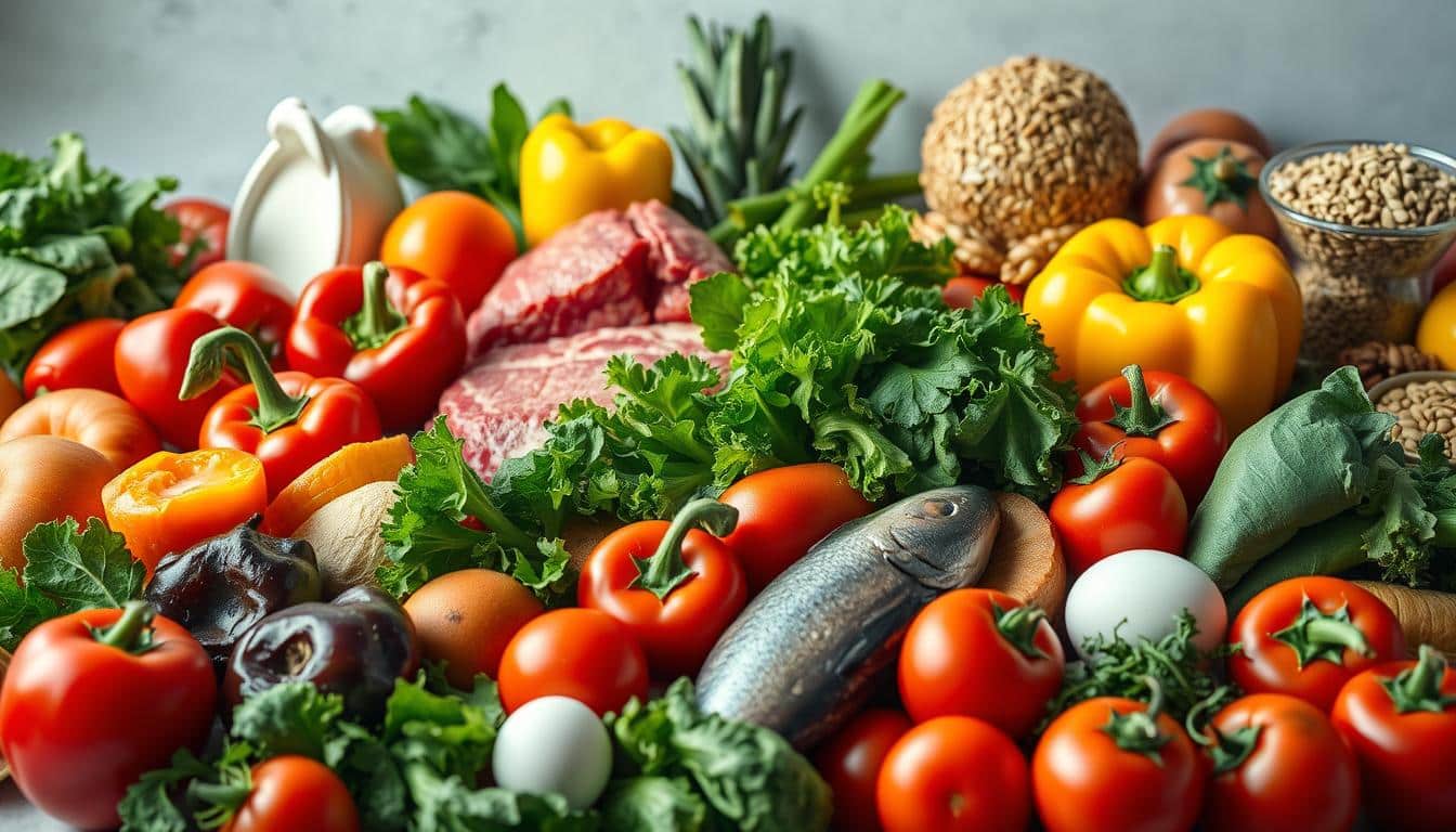 A vibrant, hyper-realistic photograph of an assortment of fresh, nutritious whole foods arranged in a visually striking still life. In the foreground, a variety of colorful vegetables such as brightly-colored bell peppers, leafy greens, and juicy tomatoes. In the middle ground, high-protein foods like lean meats, fish, and eggs. In the background, complex carbohydrates like whole grains, nuts, and seeds. Soft, diffused lighting illuminates the scene, casting delicate shadows and highlights the natural textures and colors of the ingredients. The composition is carefully balanced, drawing the viewer's eye to the center of the frame, conveying a sense of abundance, health, and the benefits of a well-rounded, low-carb diet for athletic performance.