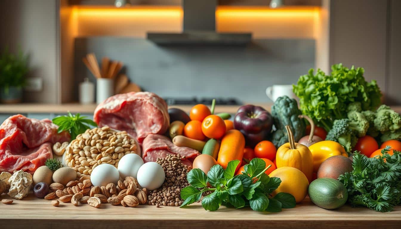 A vibrant still life showcasing the core nutritional elements essential for peak wrestling performance. In the foreground, an array of fresh, high-protein whole foods - lean meats, eggs, legumes, and nuts - arranged in an artful composition. In the middle ground, an array of nutrient-dense vegetables and fruits, their vivid colors and textures juxtaposed against the neutral tones of the tabletop. In the background, a clean, minimalist kitchen setting with warm, natural lighting casting a soft, even glow across the scene. The overall mood is one of health, vitality, and culinary sophistication, highlighting the importance of a well-balanced, high-quality diet for fueling the demands of intense wrestling training.