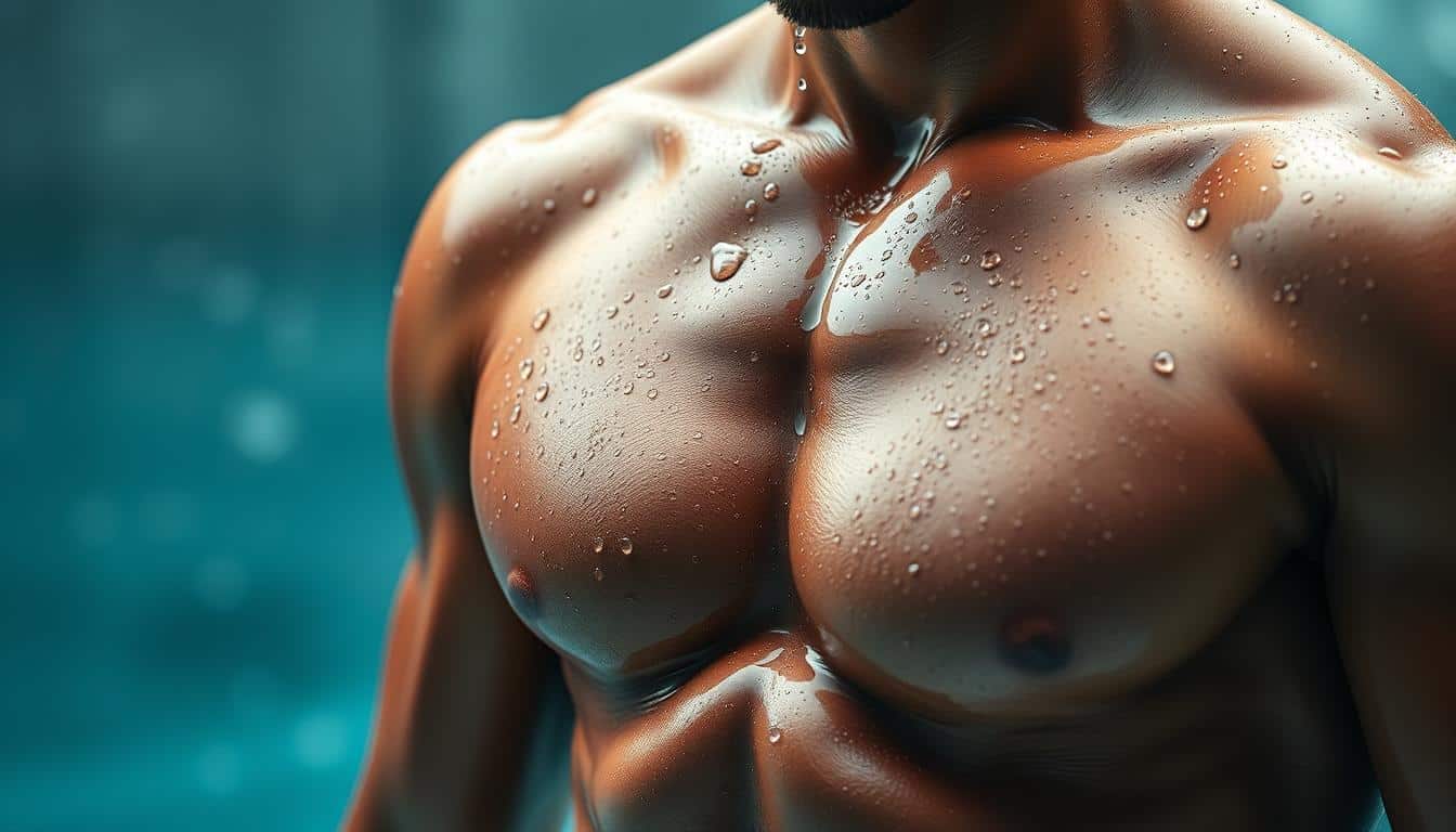 water droplets glistening on a muscular, athletic body against a blurred, aqua-toned background, capturing the essence of hydration and its importance for athletic performance and overall health
