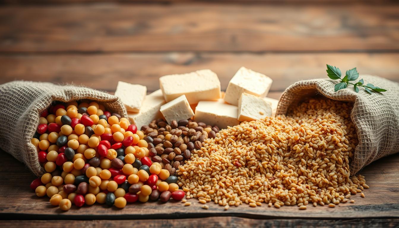 A bountiful harvest of plant-based protein sources, artfully arranged on a rustic wooden surface. In the foreground, vibrant legumes like chickpeas and lentils spill out of burlap sacks, their earthy tones complemented by the golden hues of quinoa and brown rice. In the middle ground, slices of nutrient-dense tempeh and tofu take center stage, their textures inviting touch and taste. Overhead, a soft, diffused lighting casts a warm glow, accentuating the natural beauty of these wholesome, vegan powerhouses. The overall composition conveys a sense of abundance, nourishment, and the vital role these plant-based proteins play in supporting athletic performance and recovery. A bountiful harvest of plant-based protein sources, artfully arranged on a rustic wooden surface. In the foreground, vibrant legumes like chickpeas and lentils spill out of burlap sacks, their earthy tones complemented by the golden hues of quinoa and brown rice. In the middle ground, slices of nutrient-dense tempeh and tofu take center stage, their textures inviting touch and taste. Overhead, a soft, diffused lighting casts a warm glow, accentuating the natural beauty of these wholesome, vegan powerhouses. The overall composition conveys a sense of abundance, nourishment, and the vital role these plant-based proteins play in supporting athletic performance and recovery.