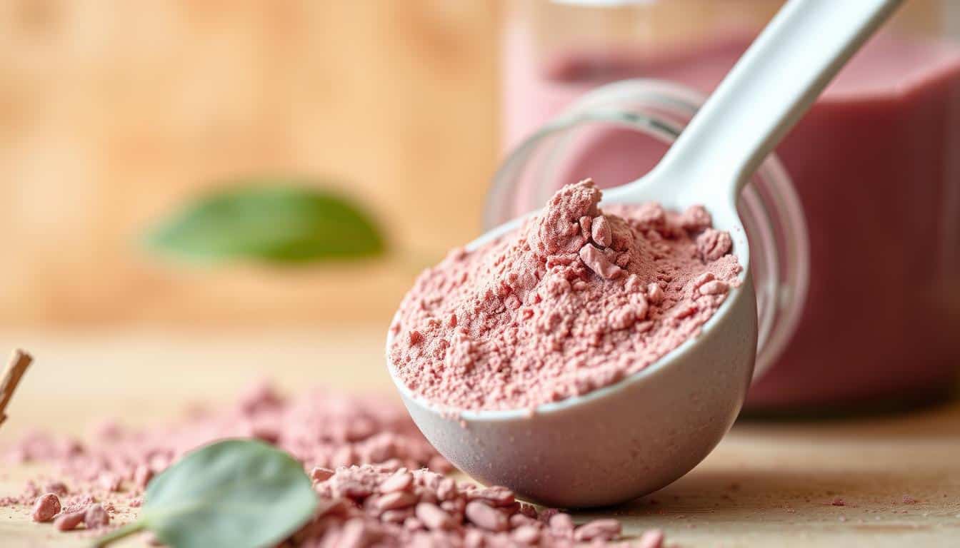 A close-up, high-resolution shot of a measuring spoon or cup filled with a vibrant, protein-rich powder against a warm, earthy background. Soft, diffused natural lighting creates a cozy, inviting atmosphere, highlighting the smooth, velvety texture of the powder. The container is positioned at an angle, allowing the viewer to see the precise measurement markings. The muted, organic tones of the background complement the rich hues of the protein powder, creating a harmonious, appetizing composition that conveys the idea of a high-protein, plant-based smoothie ingredient. A close-up, high-resolution shot of a measuring spoon or cup filled with a vibrant, protein-rich powder against a warm, earthy background. Soft, diffused natural lighting creates a cozy, inviting atmosphere, highlighting the smooth, velvety texture of the powder. The container is positioned at an angle, allowing the viewer to see the precise measurement markings. The muted, organic tones of the background complement the rich hues of the protein powder, creating a harmonious, appetizing composition that conveys the idea of a high-protein, plant-based smoothie ingredient.