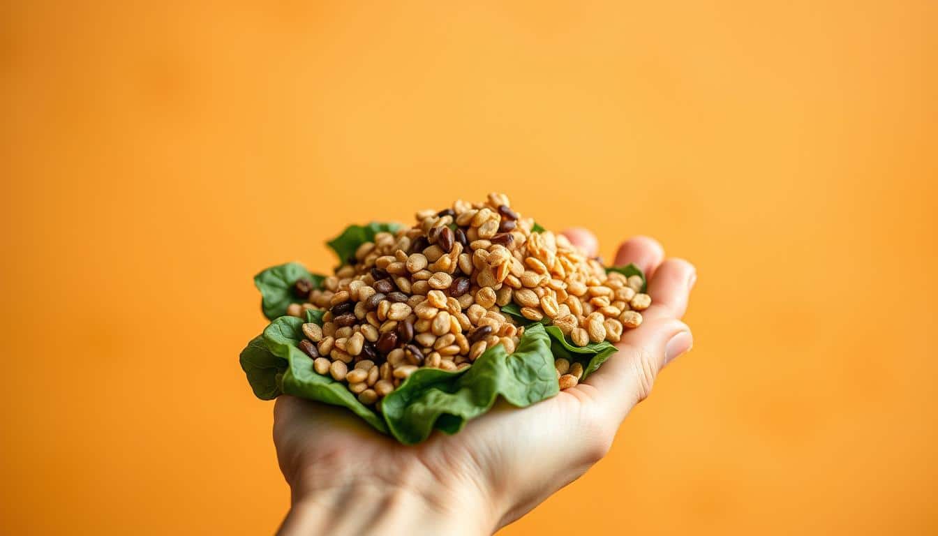 A close-up view of a human hand holding a pile of iron-rich foods, such as spinach, lentils, and fortified cereal, against a warm, earthy background. The lighting is soft and diffused, creating a natural, inviting atmosphere. The image conveys the importance of consuming iron-rich foods for athletic energy and performance, with the hand symbolizing the active, health-conscious individual. The composition is balanced, with the foreground items in focus and the background subtly blurred, drawing the viewer's attention to the central subject. A close-up view of a human hand holding a pile of iron-rich foods, such as spinach, lentils, and fortified cereal, against a warm, earthy background. The lighting is soft and diffused, creating a natural, inviting atmosphere. The image conveys the importance of consuming iron-rich foods for athletic energy and performance, with the hand symbolizing the active, health-conscious individual. The composition is balanced, with the foreground items in focus and the background subtly blurred, drawing the viewer's attention to the central subject.