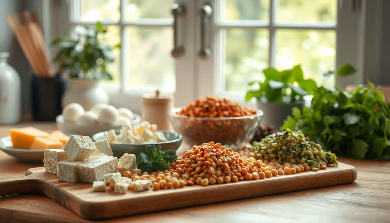 A cozy kitchen scene with a natural, warm lighting. In the foreground, a wooden cutting board displays an assortment of plant-based protein sources, including tofu, tempeh, lentils, and chickpeas. In the middle ground, a bowl of scrambled eggs and a plate of fresh cheese cubes sit alongside the plant-based proteins. In the background, a window overlooking a lush, green garden provides a calming, organic atmosphere. The overall composition feels balanced, inviting, and showcases a variety of high-quality, vegetarian-friendly protein options. A cozy kitchen scene with a natural, warm lighting. In the foreground, a wooden cutting board displays an assortment of plant-based protein sources, including tofu, tempeh, lentils, and chickpeas. In the middle ground, a bowl of scrambled eggs and a plate of fresh cheese cubes sit alongside the plant-based proteins. In the background, a window overlooking a lush, green garden provides a calming, organic atmosphere. The overall composition feels balanced, inviting, and showcases a variety of high-quality, vegetarian-friendly protein options.