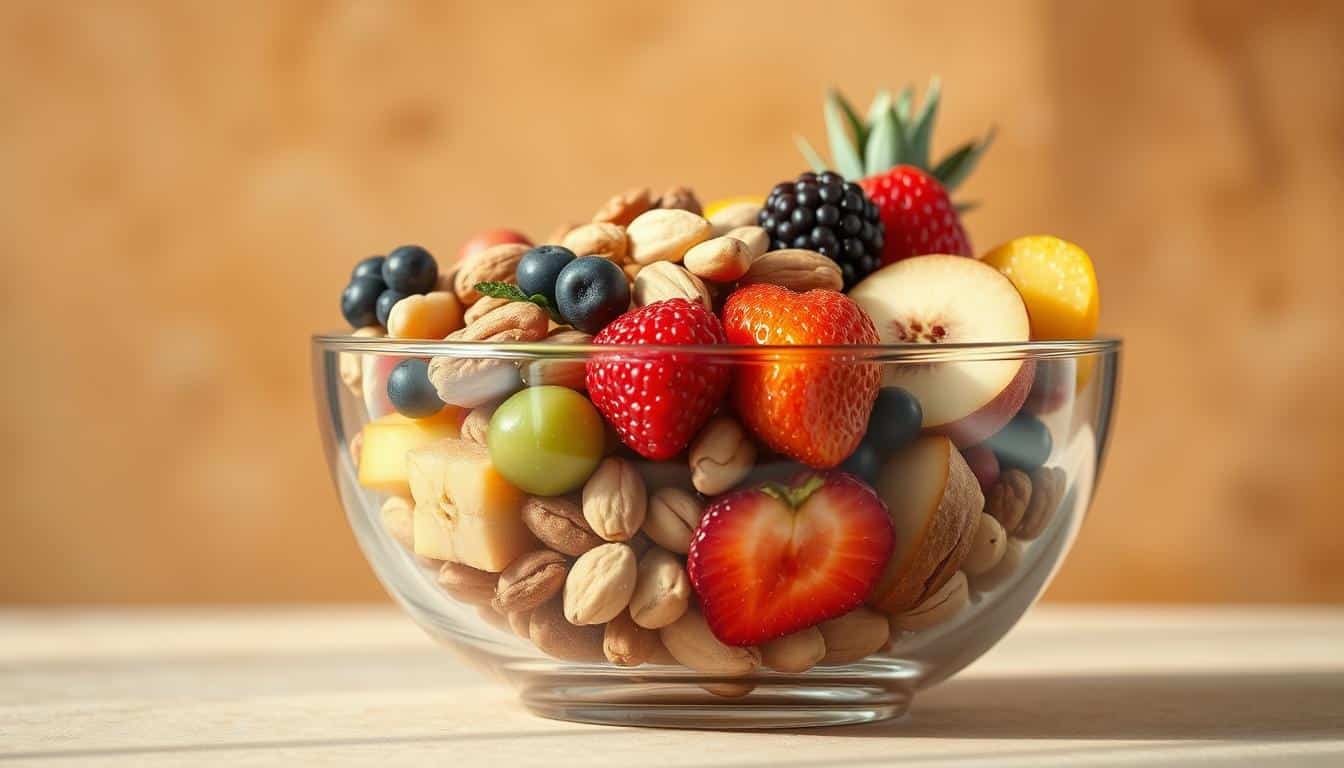 A glass bowl filled with an assortment of colorful fresh fruits and nuts, arranged in a visually appealing manner. The bowl is set against a warm, earthy background, with natural lighting casting a soft, golden glow. The composition highlights the variety and abundance of nutrient-dense, high-calorie ingredients that could be part of a balanced, vegan bulking meal plan. The image evokes a sense of health, vitality, and the idea of fueling the body for strength gains. A glass bowl filled with an assortment of colorful fresh fruits and nuts, arranged in a visually appealing manner. The bowl is set against a warm, earthy background, with natural lighting casting a soft, golden glow. The composition highlights the variety and abundance of nutrient-dense, high-calorie ingredients that could be part of a balanced, vegan bulking meal plan. The image evokes a sense of health, vitality, and the idea of fueling the body for strength gains.