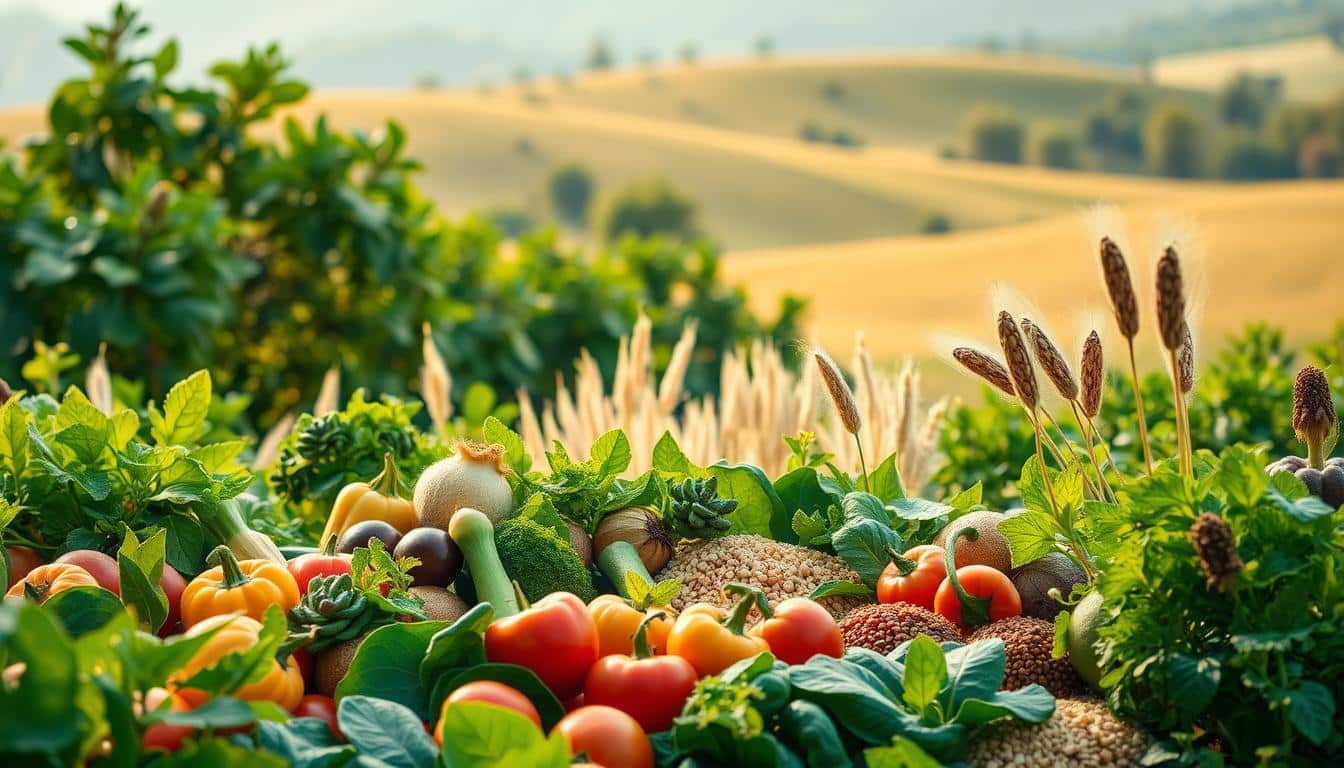 A lush, verdant landscape filled with an abundance of thriving plant-based foods. In the foreground, a bountiful array of fresh fruits and vegetables, their vibrant colors and textures accentuated by warm, natural lighting. In the middle ground, hearty whole grains and legumes, their earthy tones complementing the greenery. The background features a serene, tranquil scene, perhaps a rolling meadow or a sun-dappled forest, conveying a sense of harmony and balance. The overall composition emanates a feeling of vitality, wellness, and the nourishing power of a plant-based diet. A lush, verdant landscape filled with an abundance of thriving plant-based foods. In the foreground, a bountiful array of fresh fruits and vegetables, their vibrant colors and textures accentuated by warm, natural lighting. In the middle ground, hearty whole grains and legumes, their earthy tones complementing the greenery. The background features a serene, tranquil scene, perhaps a rolling meadow or a sun-dappled forest, conveying a sense of harmony and balance. The overall composition emanates a feeling of vitality, wellness, and the nourishing power of a plant-based diet.