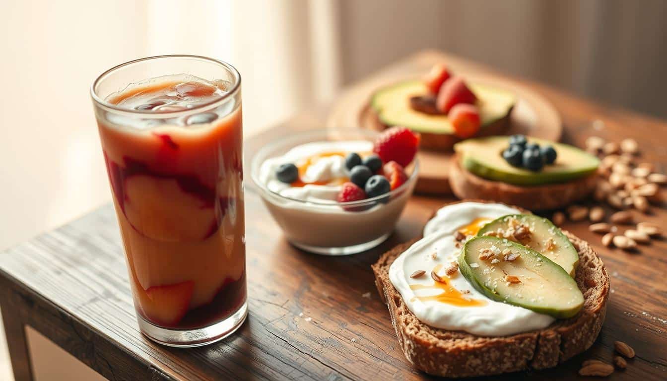 A nourishing, post-workout spread on a rustic wooden table. In the foreground, a glass of fresh fruit smoothie, swirling with vibrant hues. Nearby, a bowl of creamy Greek yogurt, topped with a vibrant mix of berries and a drizzle of honey. In the middle ground, a plate of hearty whole grain toast, slathered with creamy avocado and a sprinkle of sea salt. In the background, a scattering of raw nuts and seeds, adding a crunchy texture. The scene is bathed in warm, golden light, creating a cozy, inviting atmosphere that evokes a sense of nourishment and recovery. A nourishing, post-workout spread on a rustic wooden table. In the foreground, a glass of fresh fruit smoothie, swirling with vibrant hues. Nearby, a bowl of creamy Greek yogurt, topped with a vibrant mix of berries and a drizzle of honey. In the middle ground, a plate of hearty whole grain toast, slathered with creamy avocado and a sprinkle of sea salt. In the background, a scattering of raw nuts and seeds, adding a crunchy texture. The scene is bathed in warm, golden light, creating a cozy, inviting atmosphere that evokes a sense of nourishment and recovery.
