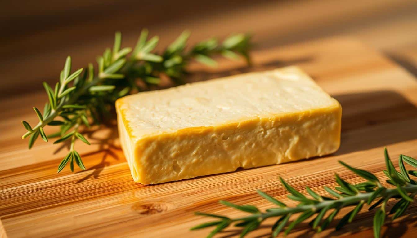 A perfectly cooked block of firm tofu, golden-brown on the outside and silky-smooth on the inside, rests on a wooden cutting board. Vibrant green stems of fresh rosemary and thyme frame the tofu, their aromatic leaves casting delicate shadows. Warm, indirect lighting gently illuminates the scene, creating a soft, inviting atmosphere. The tofu's surface glistens, inviting the viewer to imagine the satisfying texture and subtle, savory flavor. This wholesome, plant-based protein appears ready to be incorporated into a hearty, post-workout meal for the vegetarian athlete. A perfectly cooked block of firm tofu, golden-brown on the outside and silky-smooth on the inside, rests on a wooden cutting board. Vibrant green stems of fresh rosemary and thyme frame the tofu, their aromatic leaves casting delicate shadows. Warm, indirect lighting gently illuminates the scene, creating a soft, inviting atmosphere. The tofu's surface glistens, inviting the viewer to imagine the satisfying texture and subtle, savory flavor. This wholesome, plant-based protein appears ready to be incorporated into a hearty, post-workout meal for the vegetarian athlete.
