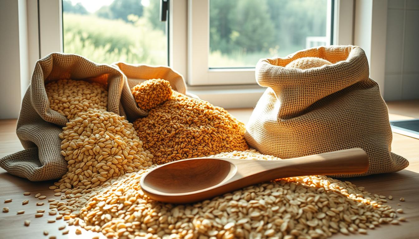 A sun-drenched kitchen counter covered in an assortment of wholesome grains. Plump wheat berries, nutty brown rice, and earthy quinoa spill out of rustic burlap sacks, their warm hues casting a comforting glow. In the foreground, a wooden spoon rests atop a pile of oats, their flakes shimmering with a touch of honey. Behind, a window frames a lush, verdant landscape, hinting at the natural origins of these nutritious ingredients. The scene exudes a sense of nourishment and vitality, reflecting the balanced, active lifestyle of a young athlete. A sun-drenched kitchen counter covered in an assortment of wholesome grains. Plump wheat berries, nutty brown rice, and earthy quinoa spill out of rustic burlap sacks, their warm hues casting a comforting glow. In the foreground, a wooden spoon rests atop a pile of oats, their flakes shimmering with a touch of honey. Behind, a window frames a lush, verdant landscape, hinting at the natural origins of these nutritious ingredients. The scene exudes a sense of nourishment and vitality, reflecting the balanced, active lifestyle of a young athlete.