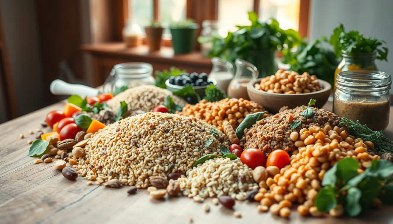 A variety of soy-free vegan foods artfully arranged on a rustic wooden table, illuminated by warm natural lighting filtering through a window. In the foreground, a mix of vibrant vegetables, nuts, seeds, and whole grains like quinoa and farro. In the middle ground, a selection of plant-based protein sources such as lentils, chickpeas, and tempeh. The background features fresh herbs, leafy greens, and a few glass jars filled with healthy vegan condiments. The overall mood is one of nourishment, wellness, and a celebration of the diverse flavors and textures of soy-free vegan cuisine. A variety of soy-free vegan foods artfully arranged on a rustic wooden table, illuminated by warm natural lighting filtering through a window. In the foreground, a mix of vibrant vegetables, nuts, seeds, and whole grains like quinoa and farro. In the middle ground, a selection of plant-based protein sources such as lentils, chickpeas, and tempeh. The background features fresh herbs, leafy greens, and a few glass jars filled with healthy vegan condiments. The overall mood is one of nourishment, wellness, and a celebration of the diverse flavors and textures of soy-free vegan cuisine.