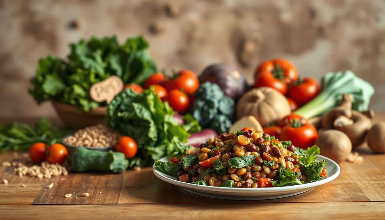 A vibrant, plant-based meal sits on a wooden table, surrounded by fresh vegetables, whole grains, and a variety of colorful superfoods. The lighting is soft and warm, casting a natural glow over the scene. In the foreground, a plate showcases a balanced, nutrient-dense vegan dish, with protein-rich legumes, crisp greens, and roasted root vegetables. In the middle ground, various plant-based ingredients, such as leafy kale, juicy tomatoes, and earthy mushrooms, are artfully arranged, conveying the abundance and diversity of a plant-based diet. The background features a rustic, earthy backdrop, suggesting a connection to nature and the source of these wholesome foods. The overall mood is one of nourishment, vitality, and a commitment to optimal performance through a plant-based lifestyle. A vibrant, plant-based meal sits on a wooden table, surrounded by fresh vegetables, whole grains, and a variety of colorful superfoods. The lighting is soft and warm, casting a natural glow over the scene. In the foreground, a plate showcases a balanced, nutrient-dense vegan dish, with protein-rich legumes, crisp greens, and roasted root vegetables. In the middle ground, various plant-based ingredients, such as leafy kale, juicy tomatoes, and earthy mushrooms, are artfully arranged, conveying the abundance and diversity of a plant-based diet. The background features a rustic, earthy backdrop, suggesting a connection to nature and the source of these wholesome foods. The overall mood is one of nourishment, vitality, and a commitment to optimal performance through a plant-based lifestyle.