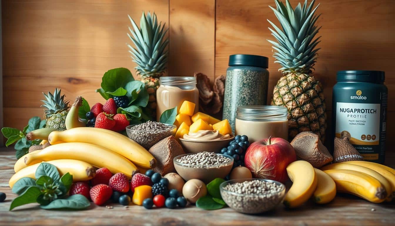 A vibrant, rustic still life showcasing an assortment of protein-rich plant-based ingredients for a smoothie. In the foreground, a mix of fresh fruits like bananas, berries, and tropical additions like pineapple and mango are arranged artfully. In the middle ground, a variety of nutrient-dense elements are displayed, such as leafy greens, nut butters, chia seeds, and plant-based protein powders. The background features a warm, wooden surface with natural lighting filtering in, creating a cozy, inviting atmosphere. The overall composition exudes a sense of health, vitality, and culinary inspiration, perfectly embodying the essence of a high-protein vegan smoothie. A vibrant, rustic still life showcasing an assortment of protein-rich plant-based ingredients for a smoothie. In the foreground, a mix of fresh fruits like bananas, berries, and tropical additions like pineapple and mango are arranged artfully. In the middle ground, a variety of nutrient-dense elements are displayed, such as leafy greens, nut butters, chia seeds, and plant-based protein powders. The background features a warm, wooden surface with natural lighting filtering in, creating a cozy, inviting atmosphere. The overall composition exudes a sense of health, vitality, and culinary inspiration, perfectly embodying the essence of a high-protein vegan smoothie.