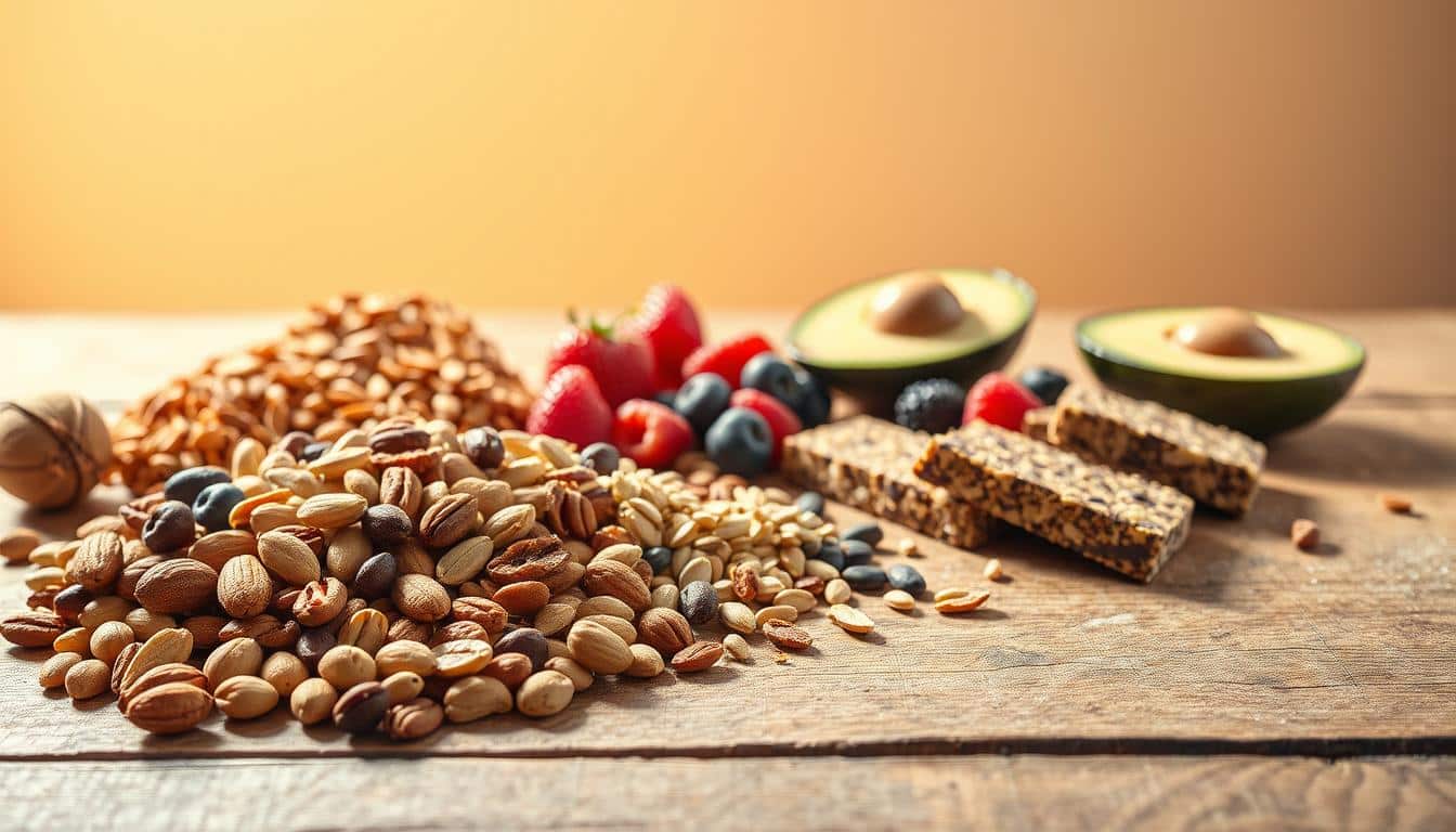 A vibrant still life arrangement showcasing an assortment of high-protein vegan snacks on a rustic wooden table. In the foreground, an array of nuts, seeds, and plant-based protein bars are artfully displayed, casting soft shadows. The middle ground features fresh fruits like berries and sliced avocado, complementing the protein-rich items. The background is bathed in warm, natural lighting, creating a cozy and inviting atmosphere. The composition emphasizes the nutritional value and diversity of these athlete-friendly vegan snacks, encouraging a healthy and sustainable approach to fueling the body. A vibrant still life arrangement showcasing an assortment of high-protein vegan snacks on a rustic wooden table. In the foreground, an array of nuts, seeds, and plant-based protein bars are artfully displayed, casting soft shadows. The middle ground features fresh fruits like berries and sliced avocado, complementing the protein-rich items. The background is bathed in warm, natural lighting, creating a cozy and inviting atmosphere. The composition emphasizes the nutritional value and diversity of these athlete-friendly vegan snacks, encouraging a healthy and sustainable approach to fueling the body.