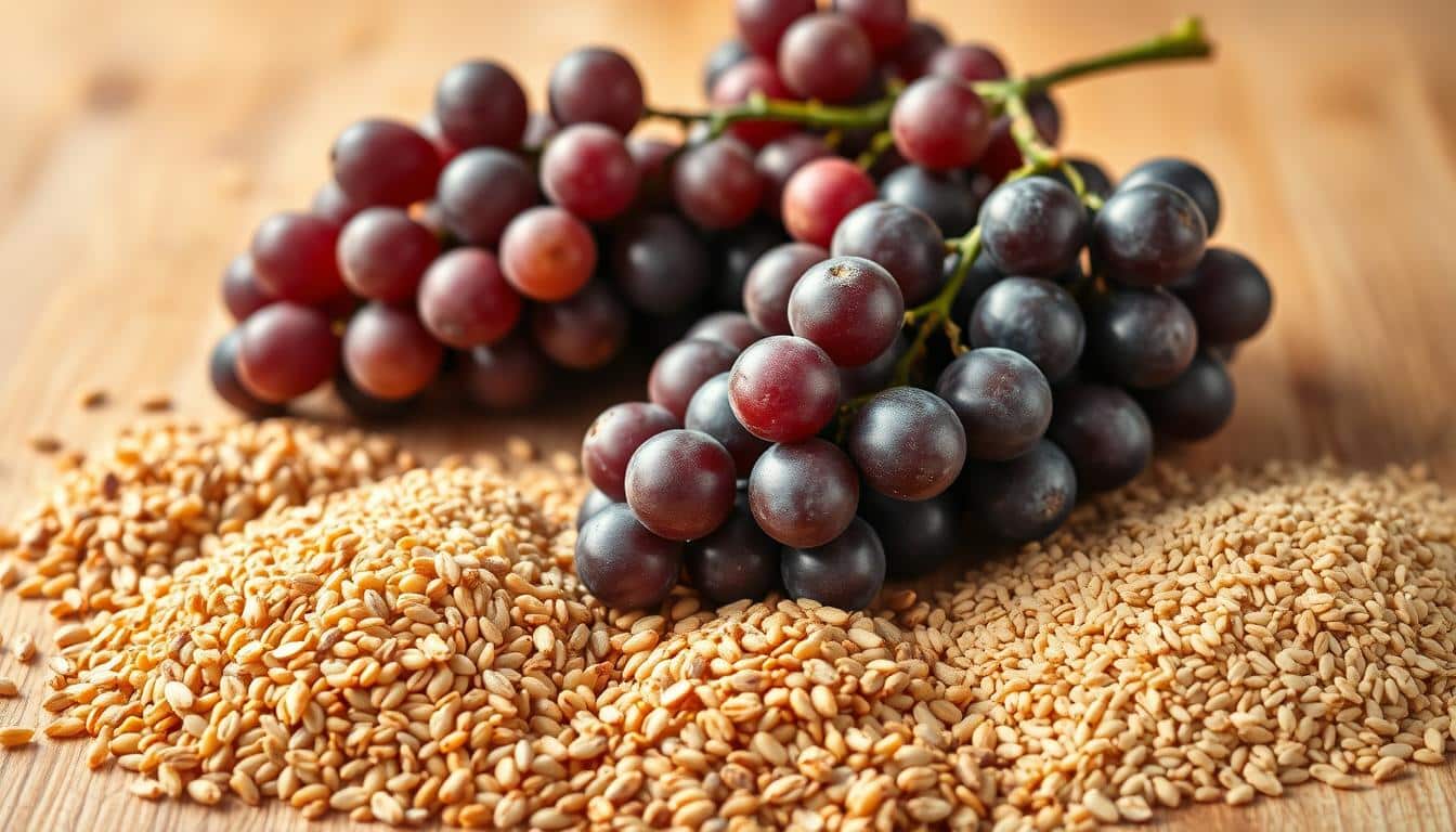 A vibrant still life capturing the essence of carbohydrates. In the foreground, a selection of whole grains - golden wheat berries, nutty-colored quinoa, and plump brown rice kernels - arranged with care. In the middle ground, lush clusters of ripe grapes in shades of deep purple and green, their stems trailing gracefully. The background features a wooden table with a natural, textured surface, bathed in warm, diffused light that casts a cozy, inviting atmosphere. The overall composition exudes a sense of nourishment, balance, and the wholesome goodness of complex carbohydrates. A vibrant still life capturing the essence of carbohydrates. In the foreground, a selection of whole grains - golden wheat berries, nutty-colored quinoa, and plump brown rice kernels - arranged with care. In the middle ground, lush clusters of ripe grapes in shades of deep purple and green, their stems trailing gracefully. The background features a wooden table with a natural, textured surface, bathed in warm, diffused light that casts a cozy, inviting atmosphere. The overall composition exudes a sense of nourishment, balance, and the wholesome goodness of complex carbohydrates.