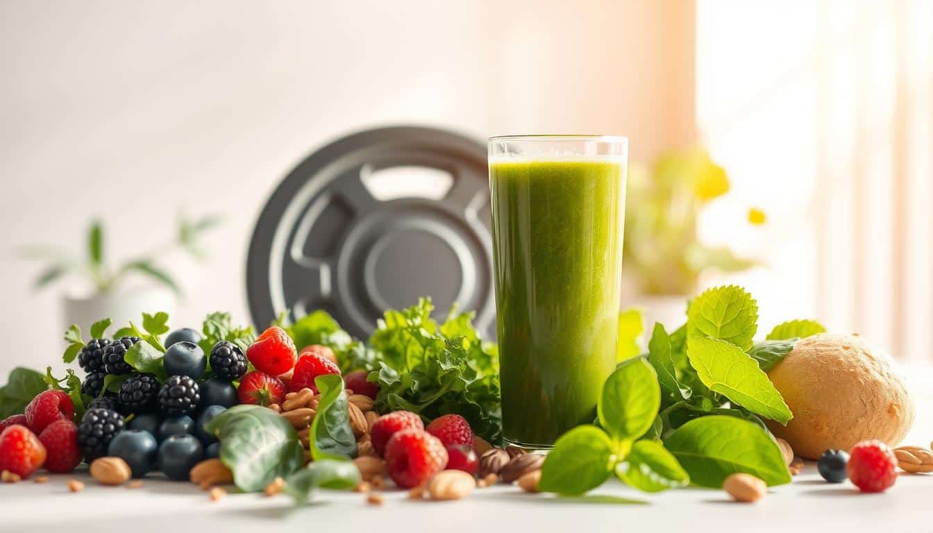 A vibrant still life capturing the essence of pre-workout fuel. In the foreground, an array of natural, nutrient-dense ingredients - fresh berries, leafy greens, nuts, and a glass of vibrant green smoothie. Sunlight filters through the window, casting a warm, golden glow across the scene. The middle ground features a sleek, minimalist weight plate, symbolizing the importance of physical performance. In the background, a clean, airy space with a touch of greenery, creating a sense of balance and vitality. The overall composition conveys a harmonious blend of nourishment and energy, inspiring the viewer to fuel their body for an exceptional workout. A vibrant still life capturing the essence of pre-workout fuel. In the foreground, an array of natural, nutrient-dense ingredients - fresh berries, leafy greens, nuts, and a glass of vibrant green smoothie. Sunlight filters through the window, casting a warm, golden glow across the scene. The middle ground features a sleek, minimalist weight plate, symbolizing the importance of physical performance. In the background, a clean, airy space with a touch of greenery, creating a sense of balance and vitality. The overall composition conveys a harmonious blend of nourishment and energy, inspiring the viewer to fuel their body for an exceptional workout.