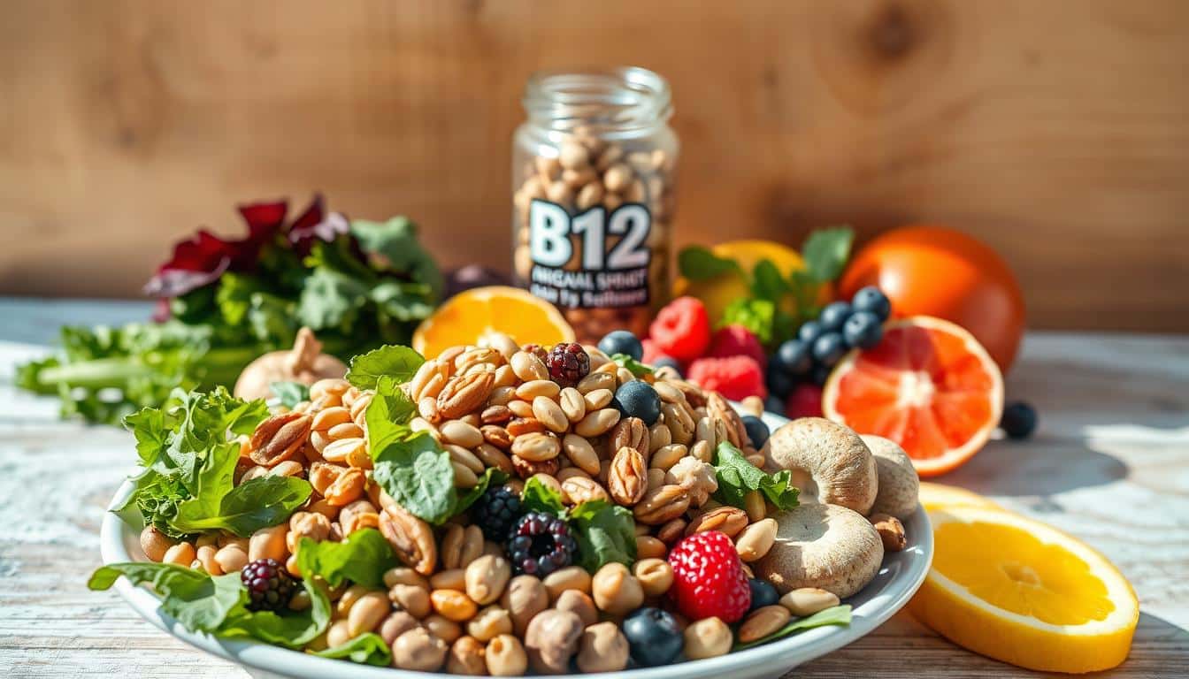 A vibrant still life showcasing an array of b12-rich vegan foods, bathed in natural daylight and set against a rustic wooden backdrop. In the foreground, a plate overflows with a colorful assortment of foods - leafy greens, nuts, seeds, legumes, and mushrooms. The middle ground features a glass jar filled with nutritious b12 supplements, complemented by fresh berries and citrus fruits. The background is a warm, earthy tone, creating a sense of wellness and nourishment. The composition is balanced and inviting, capturing the essence of b12 sources for a healthy vegan athlete's diet. A vibrant still life showcasing an array of b12-rich vegan foods, bathed in natural daylight and set against a rustic wooden backdrop. In the foreground, a plate overflows with a colorful assortment of foods - leafy greens, nuts, seeds, legumes, and mushrooms. The middle ground features a glass jar filled with nutritious b12 supplements, complemented by fresh berries and citrus fruits. The background is a warm, earthy tone, creating a sense of wellness and nourishment. The composition is balanced and inviting, capturing the essence of b12 sources for a healthy vegan athlete's diet.