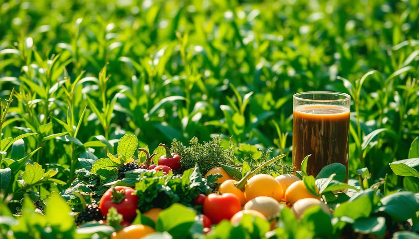 A vibrant, sun-dappled field of lush, verdant plants, their leaves rustling in a gentle breeze. In the foreground, a collection of fresh, organic produce - leafy greens, colorful vegetables, and plump, juicy fruits - arranged artfully, their natural textures and colors shimmering under soft, warm lighting. In the background, a sleek, modern glass container filled with a rich, earthy-toned liquid, its surface reflecting the verdant foliage - a visual metaphor for the power of plant-based fuel. The scene exudes a sense of vitality, nourishment, and the harmony between nature and human performance. A vibrant, sun-dappled field of lush, verdant plants, their leaves rustling in a gentle breeze. In the foreground, a collection of fresh, organic produce - leafy greens, colorful vegetables, and plump, juicy fruits - arranged artfully, their natural textures and colors shimmering under soft, warm lighting. In the background, a sleek, modern glass container filled with a rich, earthy-toned liquid, its surface reflecting the verdant foliage - a visual metaphor for the power of plant-based fuel. The scene exudes a sense of vitality, nourishment, and the harmony between nature and human performance.