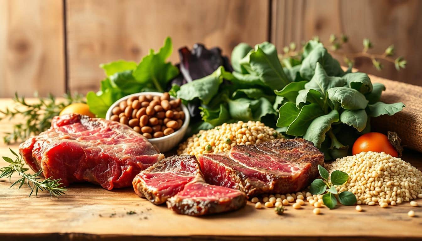 A visually striking still life showcasing various heme and non-heme iron sources in a warm, inviting setting. In the foreground, succulent cuts of red meat and a medium-rare steak gleam under soft, golden lighting. In the middle ground, an assortment of leafy greens, lentils, and quinoa are arranged artfully, their vibrant colors and textures contrasting with the meats. The background features a rustic, wooden table and natural elements like sprigs of herbs, creating a sense of organic abundance. The overall composition evokes a sense of balance, highlighting the differences and complementary nature of these iron-rich food sources in a visually captivating manner. A visually striking still life showcasing various heme and non-heme iron sources in a warm, inviting setting. In the foreground, succulent cuts of red meat and a medium-rare steak gleam under soft, golden lighting. In the middle ground, an assortment of leafy greens, lentils, and quinoa are arranged artfully, their vibrant colors and textures contrasting with the meats. The background features a rustic, wooden table and natural elements like sprigs of herbs, creating a sense of organic abundance. The overall composition evokes a sense of balance, highlighting the differences and complementary nature of these iron-rich food sources in a visually captivating manner.