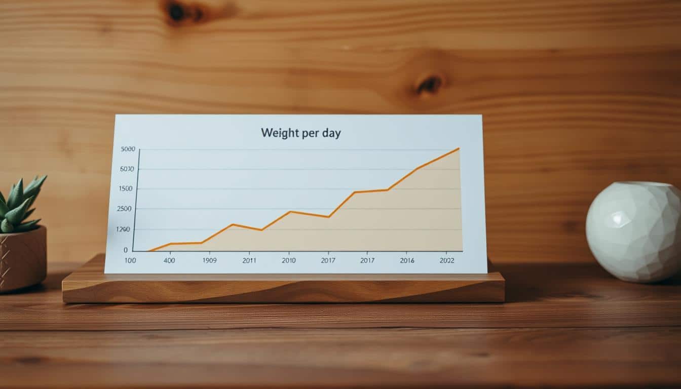 A warm, inviting graph displaying "weight per day" on a wooden desktop, with a natural, earthy backdrop. The graph is presented in a clean, minimalist style, with clear and easy-to-read data visualizations. Soft, diffused lighting illuminates the scene, casting gentle shadows and highlighting the textured surfaces. The overall atmosphere conveys a sense of focus and progress, perfectly complementing the "Set clear bulking goals for strength and muscle growth" section of the "Vegan Bulking Meal Plan for Strength Gains" article. A warm, inviting graph displaying "weight per day" on a wooden desktop, with a natural, earthy backdrop. The graph is presented in a clean, minimalist style, with clear and easy-to-read data visualizations. Soft, diffused lighting illuminates the scene, casting gentle shadows and highlighting the textured surfaces. The overall atmosphere conveys a sense of focus and progress, perfectly complementing the "Set clear bulking goals for strength and muscle growth" section of the "Vegan Bulking Meal Plan for Strength Gains" article.